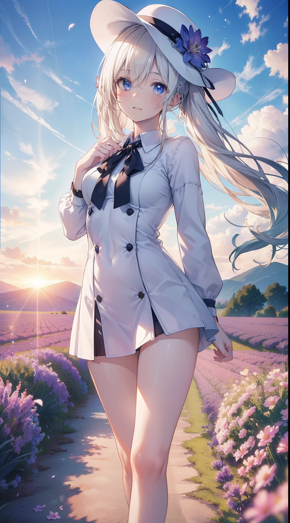 (8K, Raw photo, Realistic, Photorealsitic:1.5), masutepiece, Best Quality, High resolution, Extremely detailed, Detailed background, Cinematic lighting, Dynamic Angle, Lens Flare, Dramatic, 1girl in, Cute Girl, Solo, Wind, pale blond hair, Blue eyes, very long twintails, White hat, Blue sky, Laugh, flying petal, flower field, skyporn, lavender, Sun, field, Fractal Art,Naked, The Perfect Five Fingers、perfect leg、