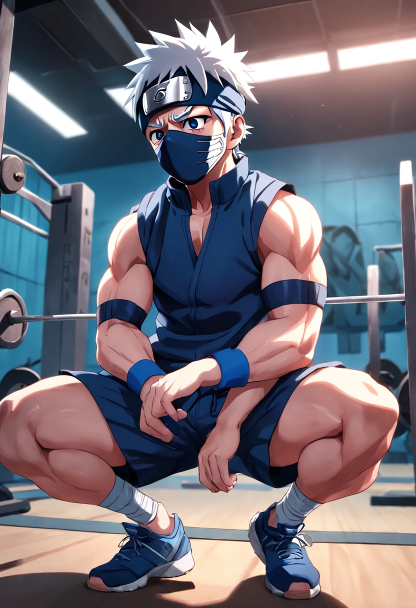 Kakashi Hatake in gym clothes training intensely in a bodybuilding gym, aficionado, Mirando un visor, gimnasio, Muscle , Hacer ejercicio, cicatriz en su ojo izquierdo, blue mask