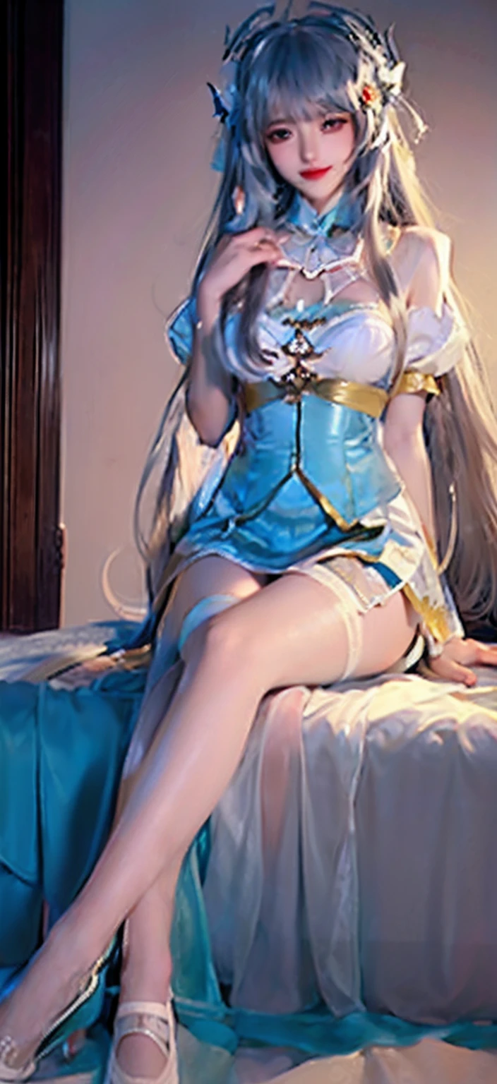 ((Masterpiece,Ultra-detailed, Intricate details, mid quality,illustration)),1girll, Solo, A high resolution, view the viewer, Long hair, Waves roll, Smiling, Wear a T-shirt, Wear stockings,wearing short skirt,Feminine, empowering, Beautiful, Detailed, Mature female,