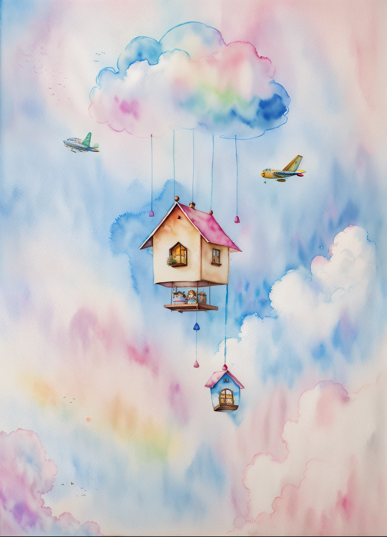 300dpi cartoon warm cloud flying house girl do handicraft flying house travel a4 pastel color watercolor painting happy