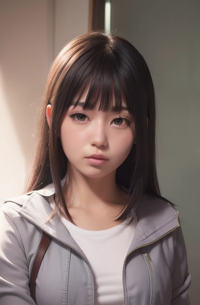 Hyuga hinata A woman was in a room. He was seen wearing a silver shirt and a light-purple jacket. Even in a jacket. But her breasts look so big. She has long, straight hair untangled not tied. He also had a white as snow. With white eyes. And her rosy cheeks. And pink lips. He was looking into the camera. So pretty and realistic