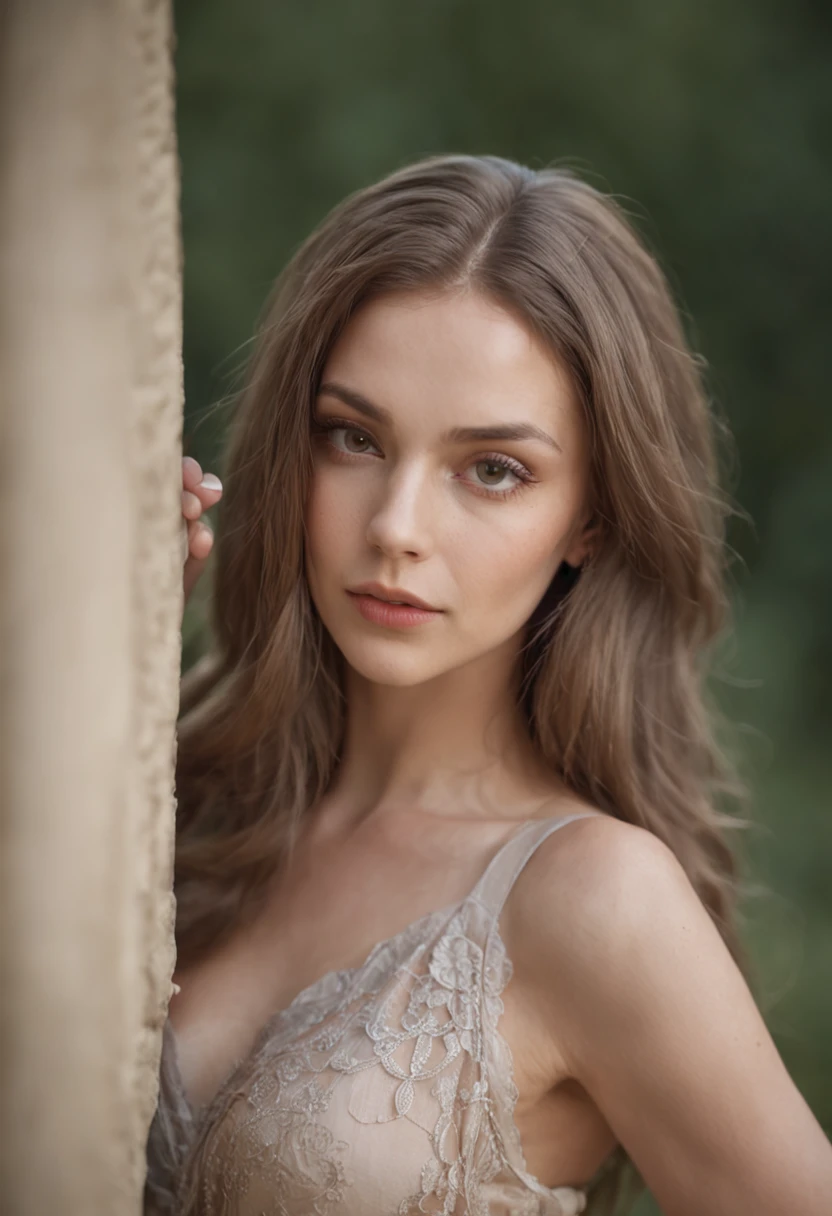 Close up portrait of a young sexy Ukrainian woman,Exposed fit and flared dress in spa retreat , Symmetrical face, outdoors lighting, Brooding atmosphere, Sharp eyes