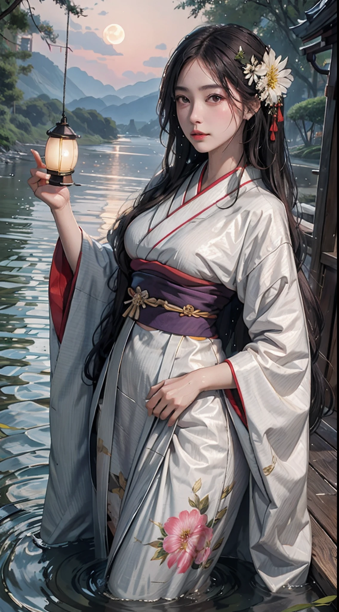 photorealistic, high resolution, soft lights, 1women, solo, hips up, shining skin, (detailed face), long hair, moon, lantern, night, solo, large breasts, hair ornament, wet, kimono, japanese clothes, wading, water, hair flower, flower, outdoors, sky, full moon, rain, furisode, obi