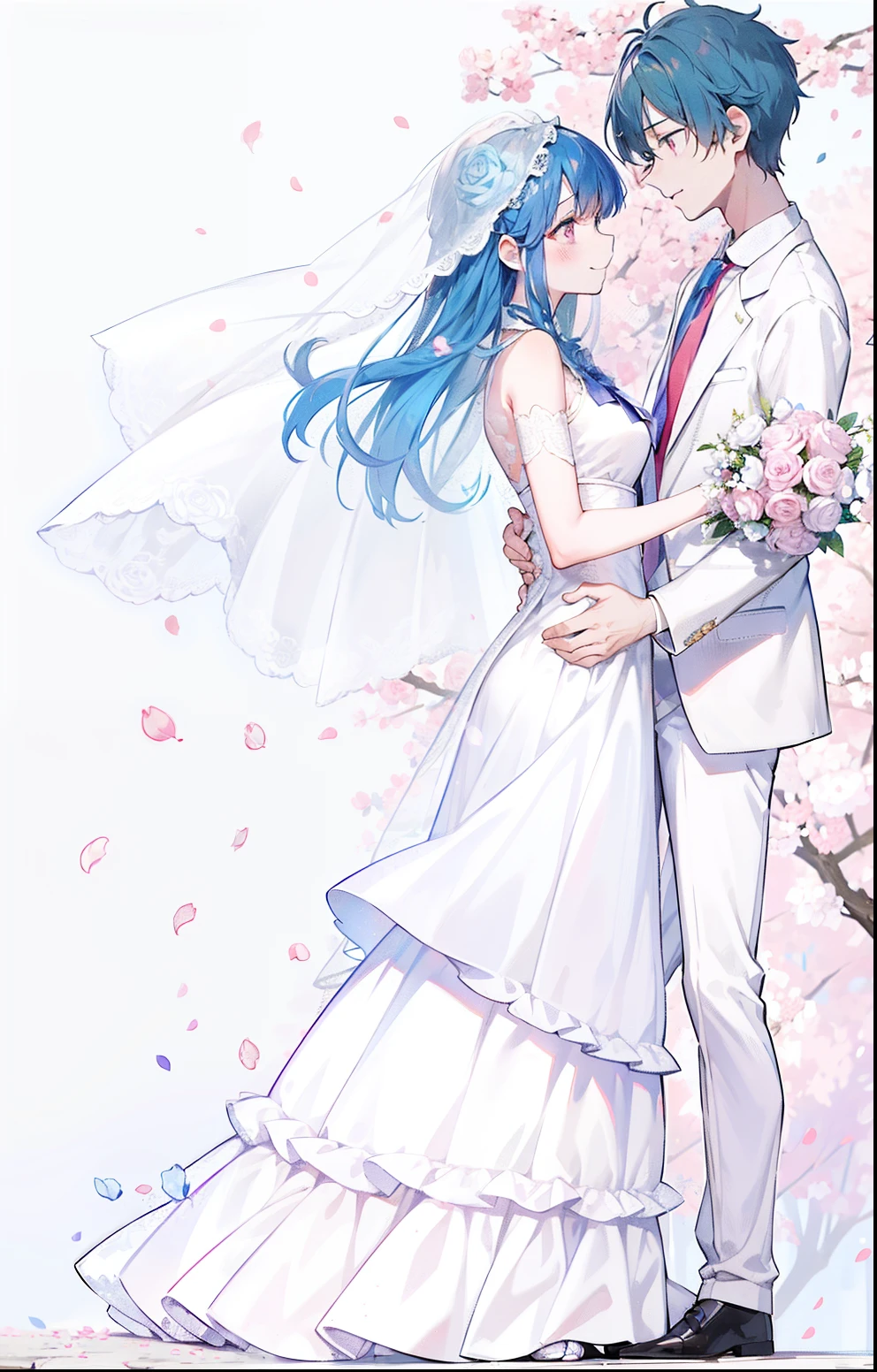 1boy, 1girl, bangs, bare shoulders, blue hair, blue sky, bouquet, bowtie, braid, branch, bridal veil, bride, cherry blossoms, church, confession, dress, dress flower, falling petals, floral background, flower, garden, graduation, green flower, groom, hanami, holding, holding bouquet, holding flower, holding hands, layered dress, long hair, necktie, pants, petals, pink background, pink flower, pink rose, pink theme, plum blossoms, purple flower, purple rose, red eyes, red rose, rose, rose petals, rose print, short hair, smile, spoken squiggle, spring \(season\), squiggle, standing, tattoo, thorns, tree, tuxedo, uchikake, vase, veil, wedding, wedding dress, white dress, white flower, white jacket, white pants, white rose, wife and wife, yellow rose