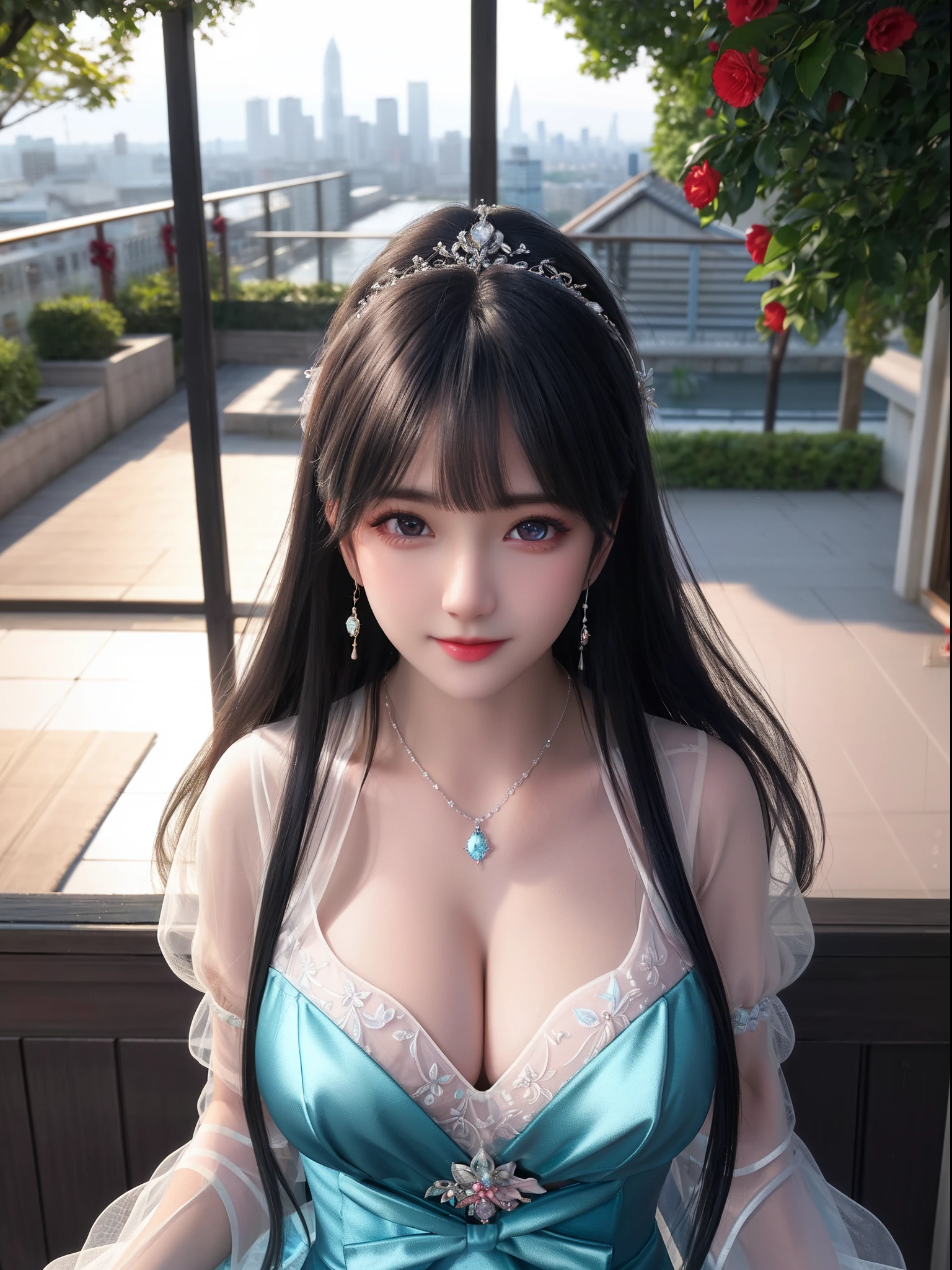 Best quality、tmasterpiece、A high resolution、1girll、Simple dress、Nice face、There are flowers on the head、looking at viewert、ssmile、Blue hair,beautiful and clear eyes, Green eye pupils,Green eye pupils,Close-up Shot Shot,The chest is huge。There is a deep cleavage,There is a bright light on the chest,The cleavage looms and is extremely delicate and beautiful、Keep one's mouth shut、cparted lips、shift dresses、Delicate shiny necklace、long whitr hair、diamonds earrings、s delicate face、Outside the house、Tindal effect、hentail realism、Shadow Studio、edge lit、bicolor lighting、(highdetailskin:1.2)、 adolable, view over city, the night, Sateen, dampness, profesional lighting, photon maping, Radio City, physically-based renderingt, above waist