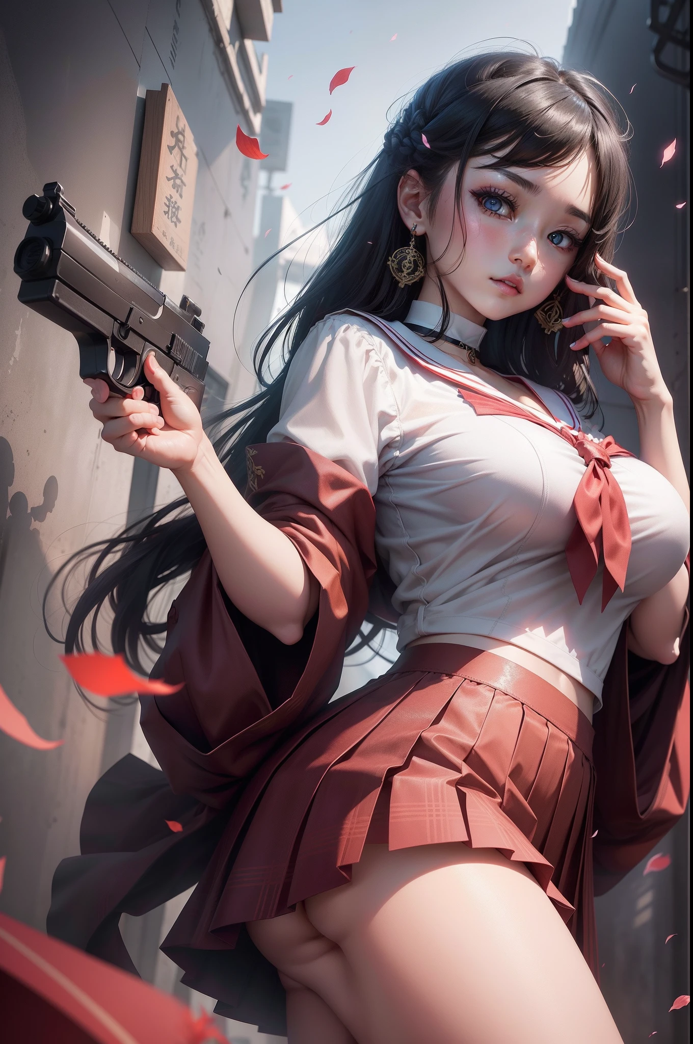 anime artsyle,best illustration,wallp,styled,Award-Awarded,(1girll:1.3)、独奏、Wearing a pleated skirt,a sailor suit,braidedhair,Red earrings,hair adornments、choker necklace、Shoot with a pistol,cinmatic lighting,in the shadows,统一 8k 壁纸、ultra - detailed、big breasts beautiful、tmasterpiece、best qualtiy、Fantastical Atmosphere、calm color palette、(realisticlying:1.4), Beautiful detailed girl, Very detailed eyes and face, perfectly proportions、edge lit、