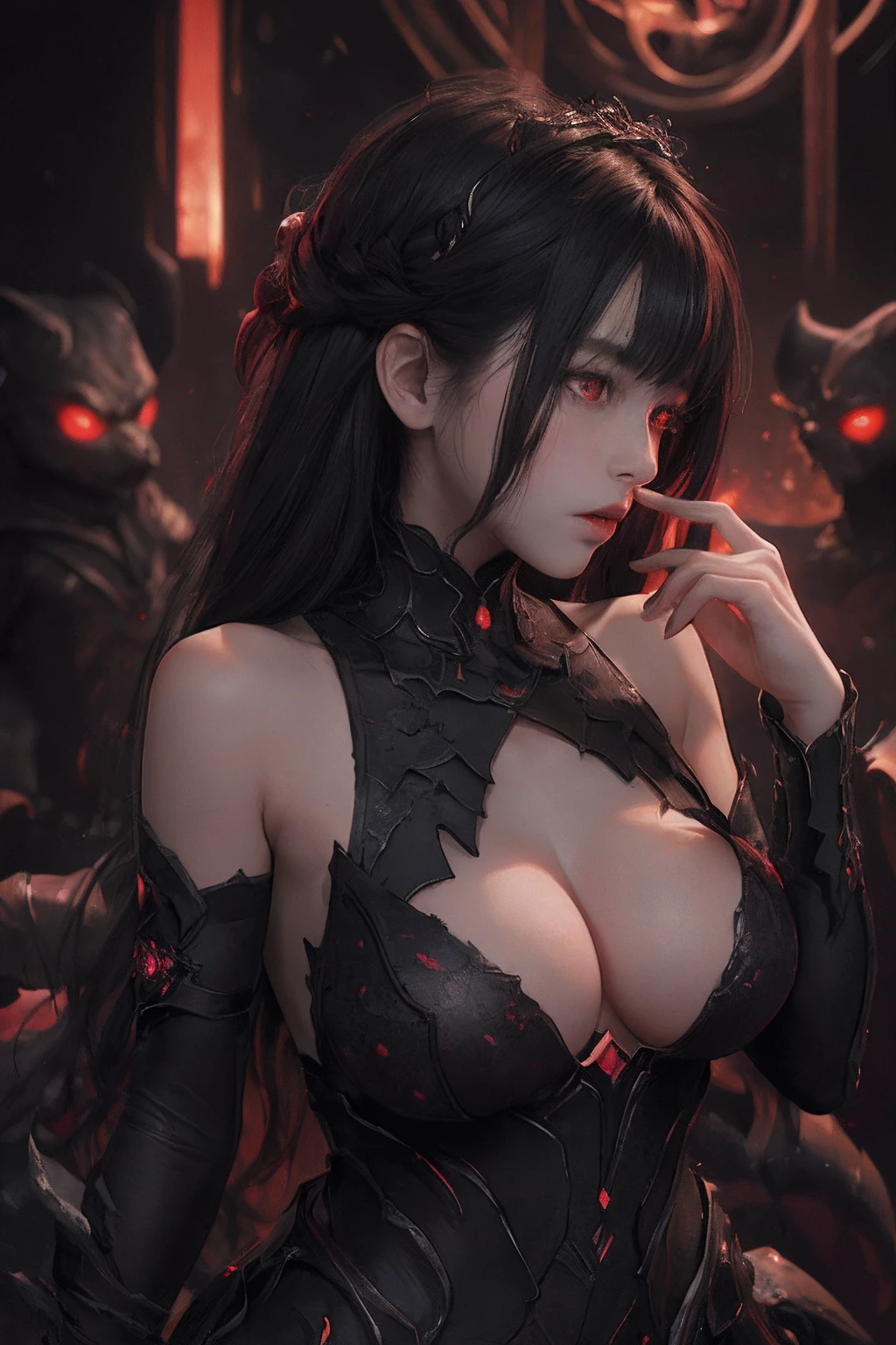(ashenhard style:1.4), ​masterpiece, top-quality, hightquality,(Has a dark red glow and red eyes、Dark shapeless creatures surrounded by darkness:1.2), (In profile), (dark:1.2), abstraction, abyssal, awardwinning photo, depth of fields, HDR, ighly detailed, trending on artstationh, Trending in CGSighbour, Convoluted, High Detail, One Woman Sensational、barechested
