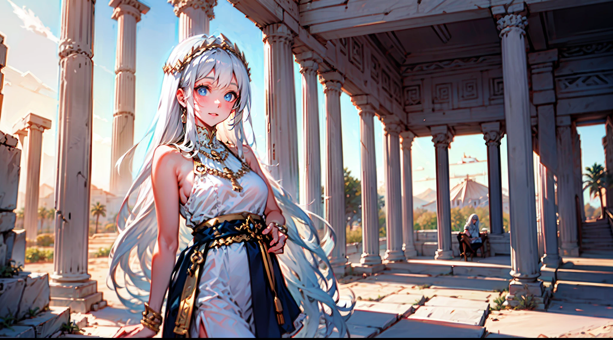 Ancient Greek temple in the center of the picture，The white-haired girl is in the temple，Touch the paper on the booth，On the left side of the temple is a sandstorm、A desert，On the right is the rainforest