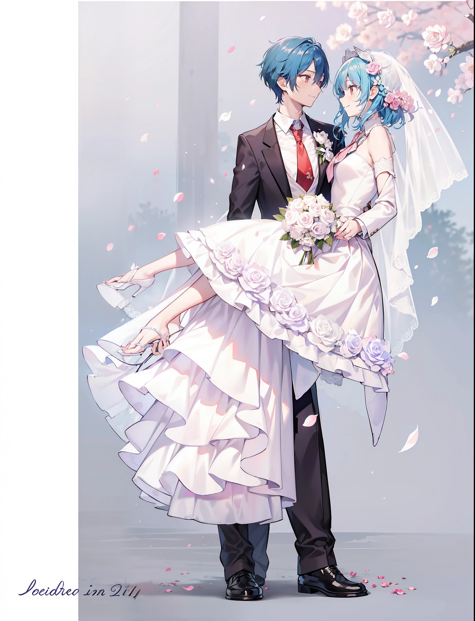 1boy, 1girl, bangs, bare shoulders, blue hair, blue sky, bouquet, bowtie, braid, branch, bridal veil, bride, cherry blossoms, church, confession, dress, dress flower, falling petals, floral background, flower, garden, graduation, green flower, groom, hanami, holding, holding bouquet, holding flower, holding hands, layered dress, long hair, necktie, pants, petals, pink background, pink flower, pink rose, pink theme, plum blossoms, purple flower, purple rose, red eyes, red rose, rose, rose petals, rose print, short hair, smile, spoken squiggle, spring \(season\), squiggle, standing, tattoo, thorns, tree, tuxedo, uchikake, vase, veil, wedding, wedding dress, white dress, white flower, white jacket, white pants, white rose, wife and wife, yellow rose