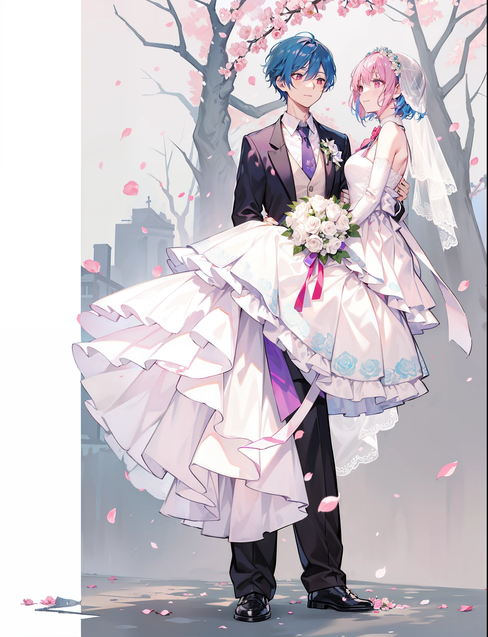 1boy, 1girl, bangs, bare shoulders, blue hair, blue sky, bouquet, bowtie, braid, branch, bridal veil, bride, cherry blossoms, church, confession, dress, dress flower, falling petals, floral background, flower, garden, graduation, green flower, groom, hanami, holding, holding bouquet, holding flower, holding hands, layered dress, long hair, necktie, pants, petals, pink background, pink flower, pink rose, pink theme, plum blossoms, purple flower, purple rose, red eyes, red rose, rose, rose petals, rose print, short hair, smile, spoken squiggle, spring \(season\), squiggle, standing, tattoo, thorns, tree, tuxedo, uchikake, vase, veil, wedding, wedding dress, white dress, white flower, white jacket, white pants, white rose, wife and wife, yellow rose