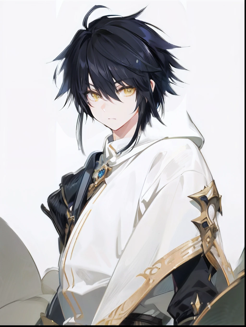 UHD, retina, masterpiece, solo, (anime boy with black hair and yellow eyes), wearing fantasy rogue gear, fantasy inspired, (((extremely detailed))), white background, super detail, high details, high quality, award winning, best quality, highres, 1080P, HD, 4K, 8k, 16k