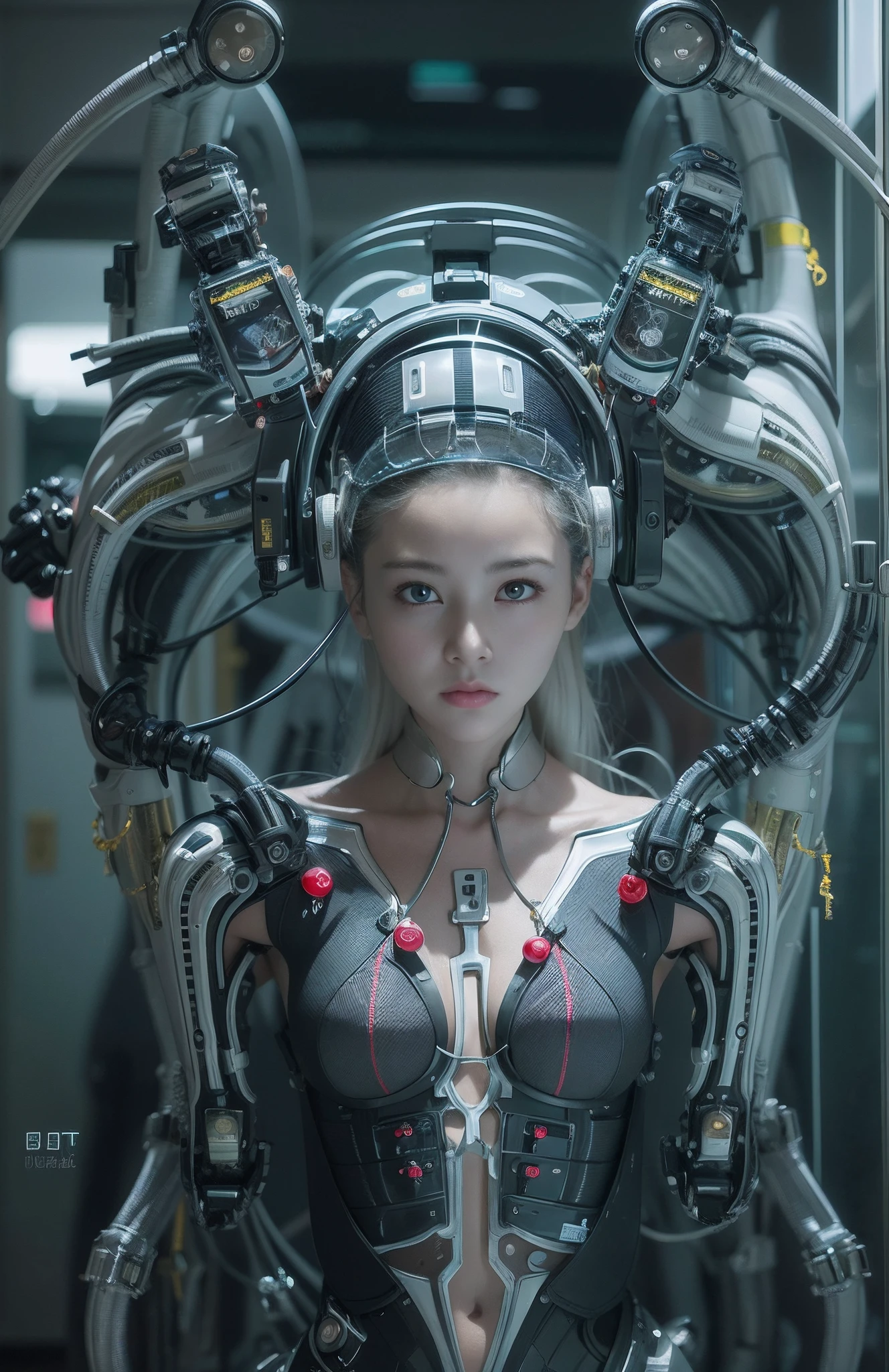 Perfectly round pupils、of the iris of the eyeﾃﾞｨﾃｰﾙIt's tremendously amazing、12year old、caucasian female、Complex 3d rendering ultra detailed beautiful porcelain profile female android face、cyborgs、roboticparts、150mm、Beautiful studio soft lights、Rim Light、Vivid details、luxuriouscyberpunk、Ren Hao、surrealistic、Anatomical、face muscles、cable electric wires、microchips、elegent、beatiful backgrounds、octan render、HR Giger Style、8K、top-quality、​masterpiece、illustratio、extremely delicate and beautiful、A highly detailed、nffsw、unification、wall-paper、（realisitic、Photorealsitic：1.37）、magnifica、Finely detailed、​masterpiece、top-quality、Official art、Highly detailed ticker Unity 8K wallpapers、absurderes、incredibly absurdness、机器人、Silver Halmet、(((Full body like)))、looking at from the front、sitting on
