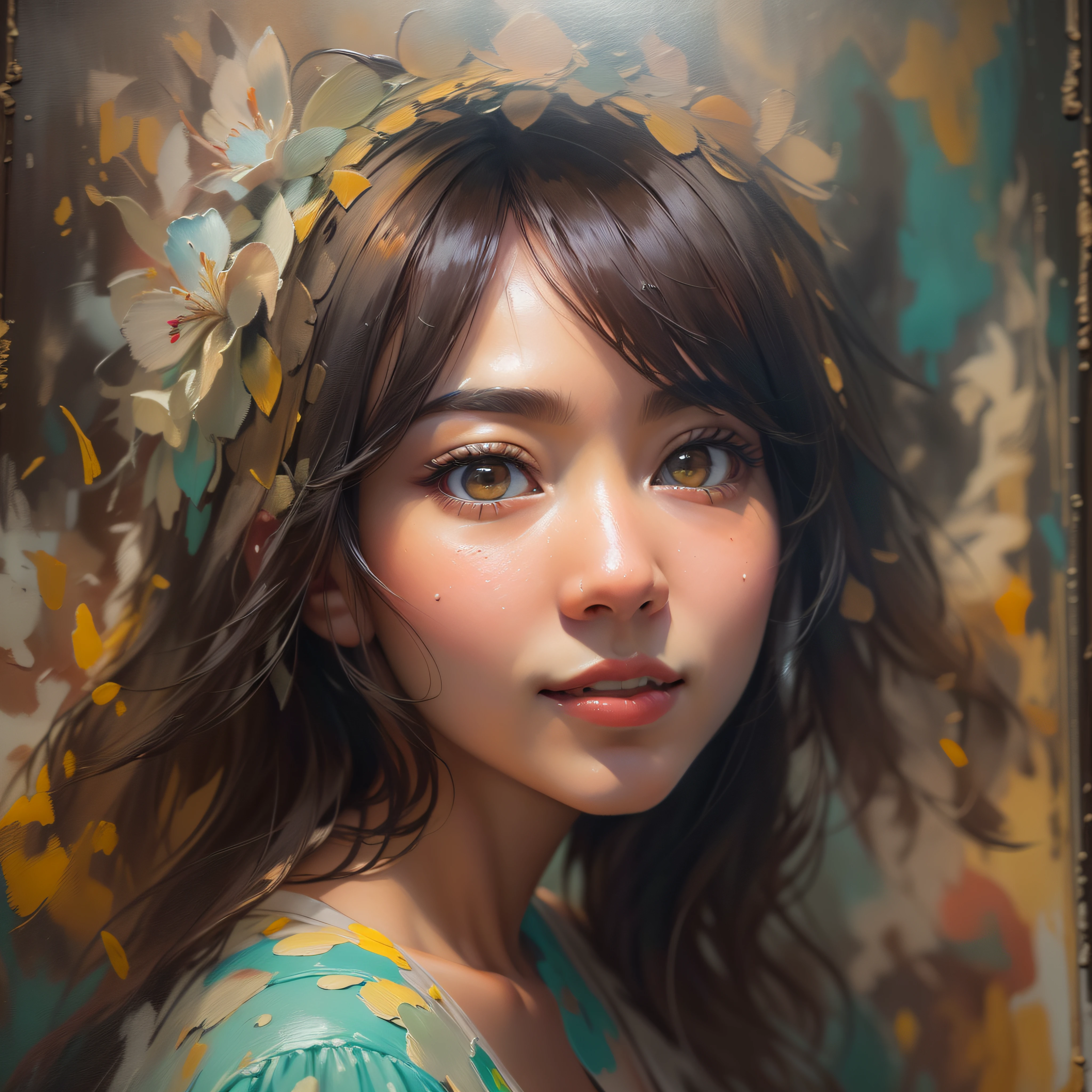 Oil painting style,Oil painting style,Oil painting style,Oil painting style,Close up of smiling looking up、Close up of smiling looking up、Close up of smiling looking up、Facing the front、portraitures,oilpaint,oilpaint,oilpaint,Acrycle painting,in renaissance style,Write with a thick brush、Acrycle painting,in renaissance style,Write with a thick brush、(masterpiece、hight resolution)、(1 girl in):1.2)、Do-Up Eye、Korean Girl、(Best Quality), (1girl in), Solo, Beautiful Girl, Perfect face, Big Breast,dreamlikeart、Very rough airbrush art(((Picasso style))、intricate detailes、Volumetric lighting、(masterpiece:1.2)、(top-quality)、The ultra-detailliert、(The composition of the movement:1.4)、Highly detailed colorful details、(Bright lighting、Atmospheric lighting)、Magical、dynamic compositions、Ray traching、The mirror reflects light、Shallow depth of field、ultra-detailliert、mixing exposure、nffsw、Super masterpiece、Paint: The most characteristic elements of oil painting are、It is the use of oil-based paints。Paints mixed with vegetable oils such as linseed oil are mainly used.、This allows the paint to adhere firmly to the canvas.、Due to drying over time、Artists can work over time。rich colours: Oil painting is suitable for expressing vivid and rich colors。Paints can be mixed or layered.、Can create a variety of tones and tones。Layer filling: In oil painting、It is common to paint multiple layers on top of each other.。By the technique of layering、It can give a three-dimensional effect and texture to the painting.。pure、You can also use transparent layers to capture light。Drying time: Oil paintings take longer to dry。It can take days or weeks for the paint to dry completely.、Artists can take the time to evolve their paintings。Brushwork: In oil painting, brushes are used to express fine textures and brushstrokes.。Using different types of brushes and techniques、You can add your own style to your paintings。