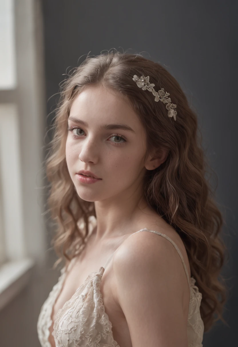 Full body portrait of girl, Naked, Curly hair, Petite,18yr old,Crying face