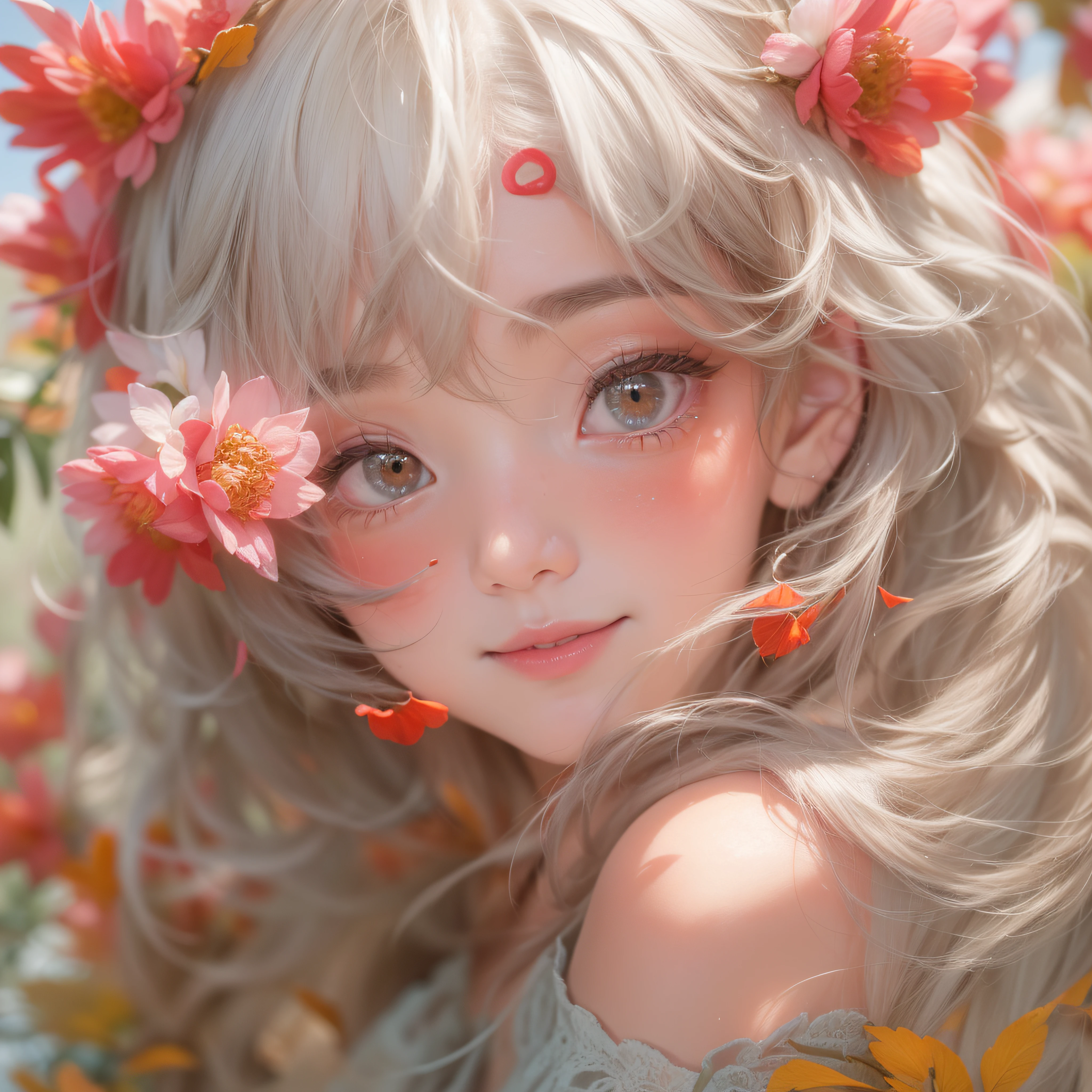Oil painting style，Oil painting style，Oil painting style，Oil painting style，Close up of smiling looking up、Close up of smiling looking up、Close up of smiling looking up、Facing the front、(​masterpiece、realisitic、hight resolution)、(1 girl in):1.2)、Do-Up Eye、Korean Girl、(Best Quality), (masutepiece), (1girl in), Solo, Beautiful Girl, Perfect face, Big Breast,dreamlikeart、Highly detailed airbrush art(((Surreal))、intricate detailes、Volumetric lighting、(​masterpiece:1.2)、(top-quality)、The ultra-detailliert、(The composition of the movement:1.4)、Highly detailed colorful details、(Bright lighting、Atmospheric lighting)、Magical、dynamic compositions、Ray traching、The mirror reflects light、Shallow depth of field、ultra-detailliert、mixing  exposure、nffsw、Super masterpiece、Her eyes are glowing red、Silvery hair、Her face is full of anticipation and courage for adventure.、A smile comes to her lips、An air full of smiles and adventurous spirit、At the rear、The sun is slowly tilting to the west。Its light brings golden light、The swaying flower field creates a beautiful scenery..。Her courage and determination are condensed.、Eye-catching presence。Her eyes are shining。Red、pink there、，oilpaint，Acrycle painting，tmasterpiece，in renaissance style，best qualtiy，hight resolution，super-fine，eye detailed，Details of face，hair detail，acurate，Clear eye focus closeup