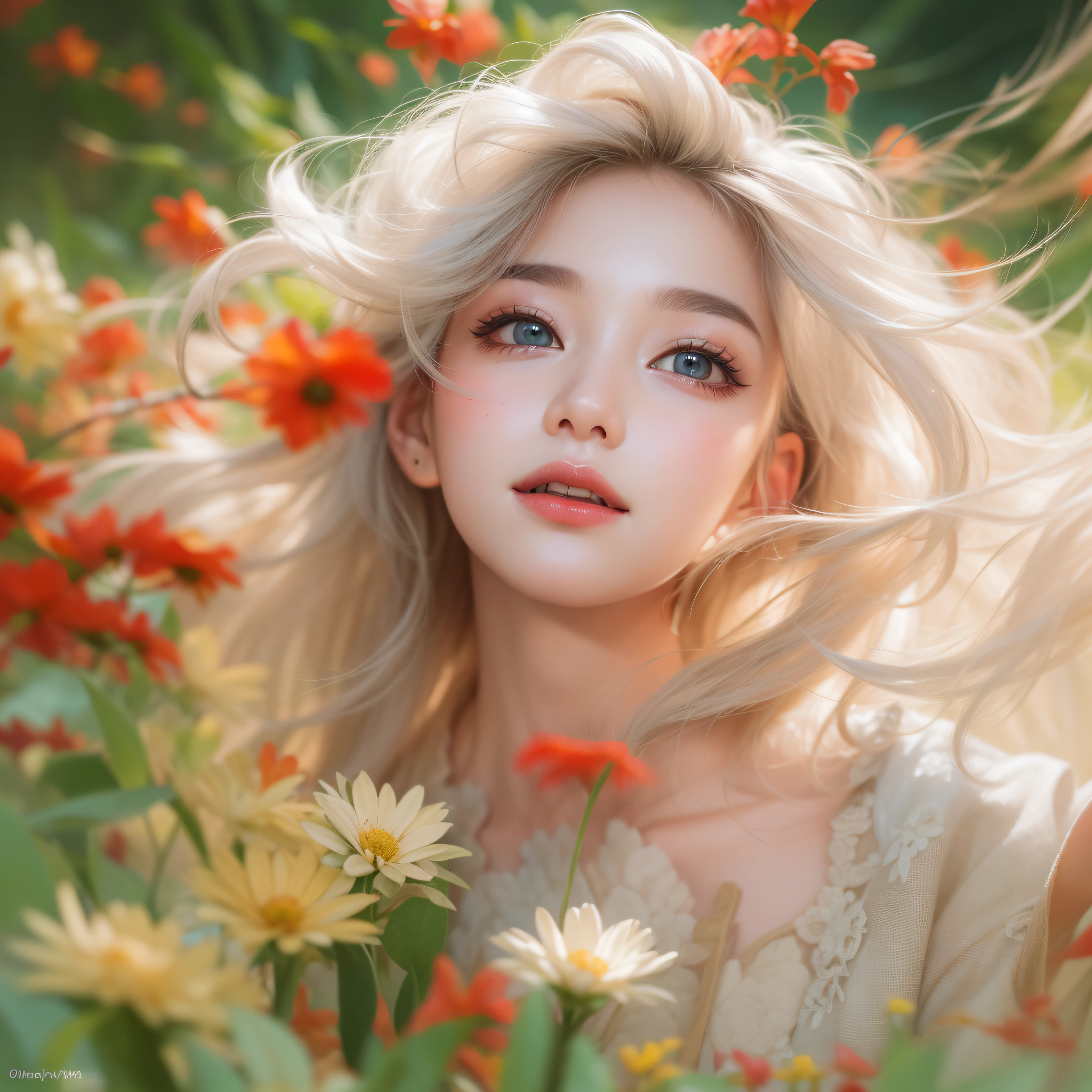 Oil painting style,Oil painting style,Oil painting style,Oil painting style,Close up of smiling looking up、Close up of smiling looking up、Close up of smiling looking up、Facing the front、(masterpiece、realisitic、hight resolution)、(1 girl in):1.2)、Do-Up Eye、Korean Girl、(Best Quality), (masutepiece), (1girl in), Solo, Beautiful Girl, Perfect face, Big Breast,dreamlikeart、Highly detailed airbrush art(((Surreal))、intricate detailes、Volumetric lighting、(masterpiece:1.2)、(top-quality)、The ultra-detailliert、(The composition of the movement:1.4)、Highly detailed colorful details、(Bright lighting、Atmospheric lighting)、Magical、dynamic compositions、Ray traching、The mirror reflects light、Shallow depth of field、ultra-detailliert、mixing exposure、nffsw、Super masterpiece、Her eyes are glowing red、Silvery hair、Her face is full of anticipation and courage for adventure.、A smile comes to her lips、An air full of smiles and adventurous spirit、At the rear、The sun is slowly tilting to the west。Its light brings golden light、The swaying flower field creates a beautiful scenery..。Her courage and determination are condensed.、Eye-catching presence。Her eyes are shining。Red、pink there、,oilpaint,Acrycle painting,tmasterpiece,in renaissance style,best qualtiy,hight resolution,super-fine,eye detailed,Details of face,hair detail,acurate,Clear eye focus closeup
