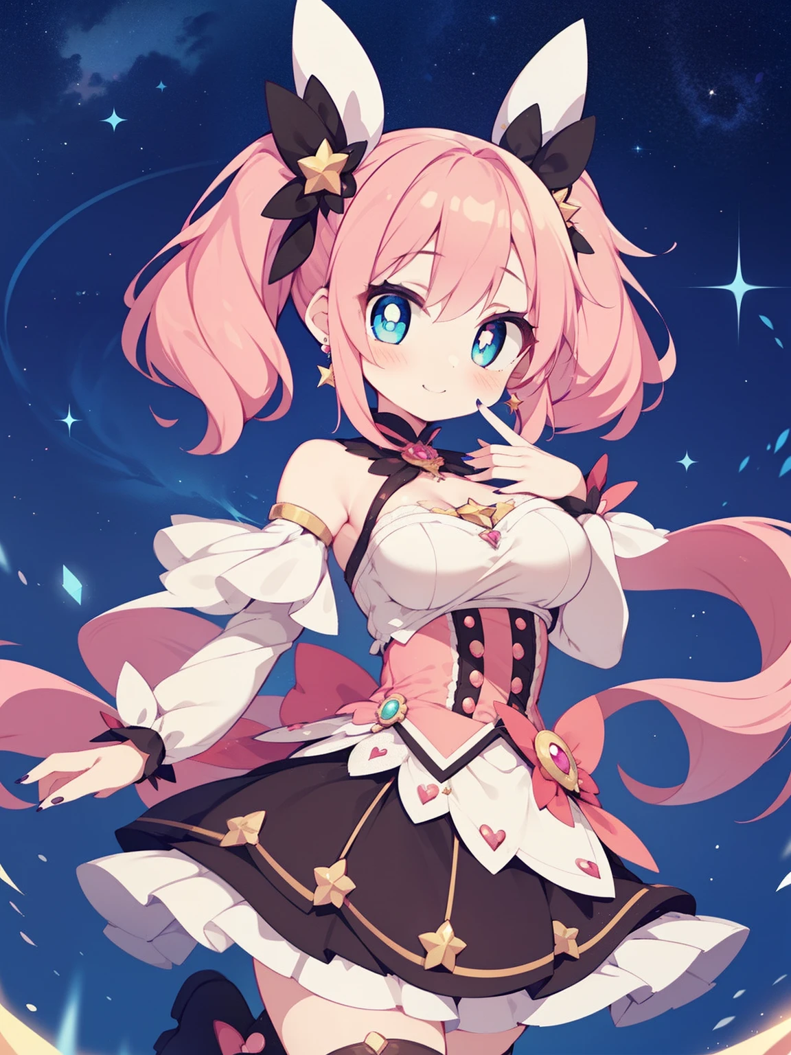 (1girl in:1.2), (Solo:1.2), masutepiece, nffsw、Shaders、Brilliant Textured Work、Ultra-detailed eyes、ultra-intricate pupil in eyes、top-quality、Pink hair、Landmine fashion、Half Twin Tail、Beautiful nails、decoration、Batch Remake、Pink tops、Black skirt、Kamimei、Pink blush、Mouth that laughed、Front view、large full breasts、Valley、Shoulder out、Looking at Viewer、Standing picture、Emphasis on the chest、magical ***********、Magical Girl Skirt、Magical Girl Boots、starrysky、vtuber、VOCALOID、Star Earrings、Movie-like Angle、