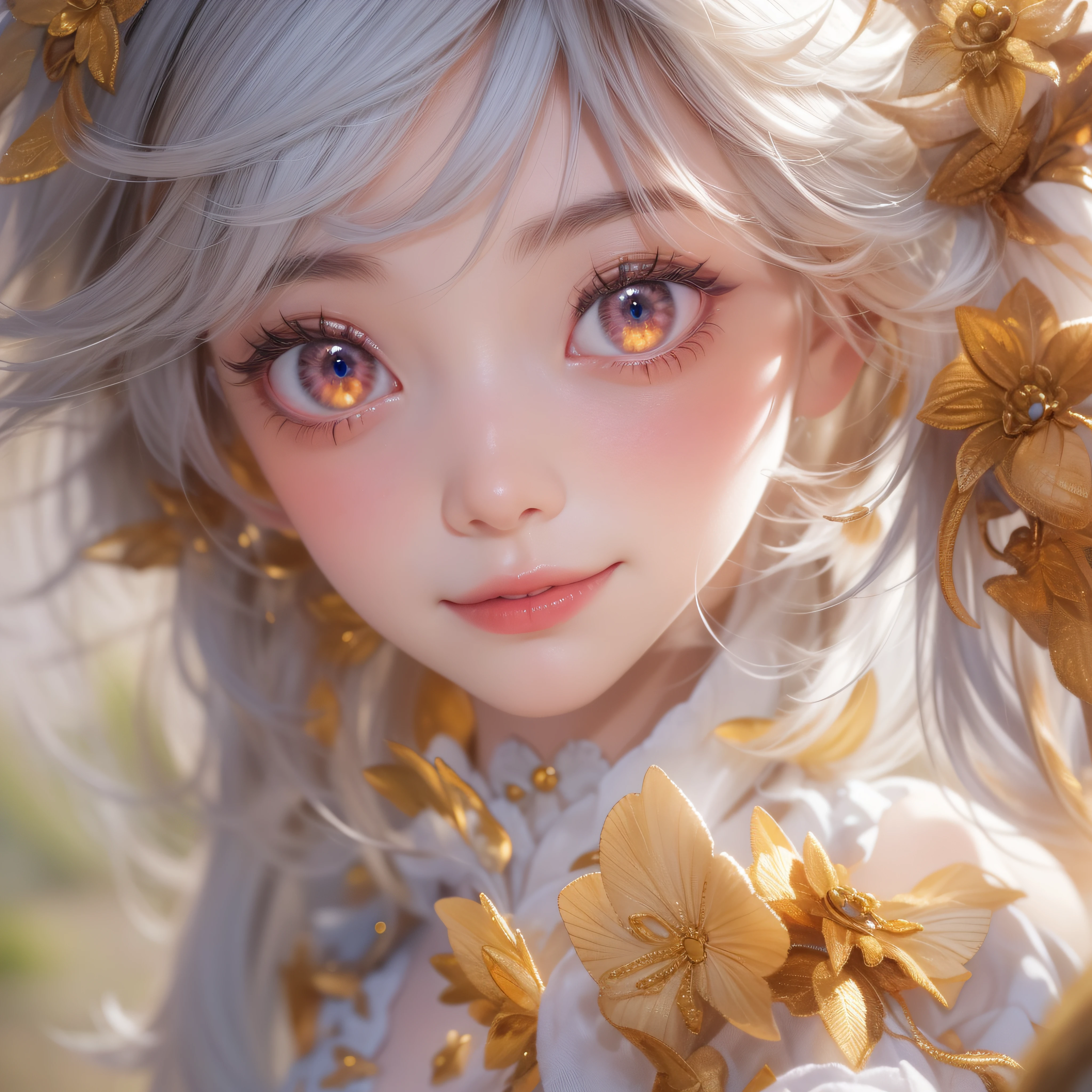 Close up of smiling looking up、Close up of smiling looking up、Close up of smiling looking up、Facing the front、(masterpiece、realisitic、hight resolution)、(1 girl in):1.2)、Do-Up Eye、Korean Girl、(Best Quality), (masutepiece), (1girl in), Solo, Beautiful Girl, Perfect face, Big Breast,dreamlikeart、Highly detailed airbrush art(((Surreal))、intricate detailes、Volumetric lighting、(masterpiece:1.2)、(top-quality)、The ultra-detailliert、(The composition of the movement:1.4)、Highly detailed colorful details、(Bright lighting、Atmospheric lighting)、Magical、dynamic compositions、Ray traching、The mirror reflects light、Shallow depth of field、ultra-detailliert、mixing exposure、nffsw、Super masterpiece、Her eyes are glowing red、Silvery hair、Her face is full of anticipation and courage for adventure.、A smile comes to her lips、An air full of smiles and adventurous spirit、At the rear、The sun is slowly tilting to the west。Its light brings golden light、The swaying flower field creates a beautiful scenery..。Her courage and determination are condensed.、Eye-catching presence。Her eyes are shining。Red、pink there、