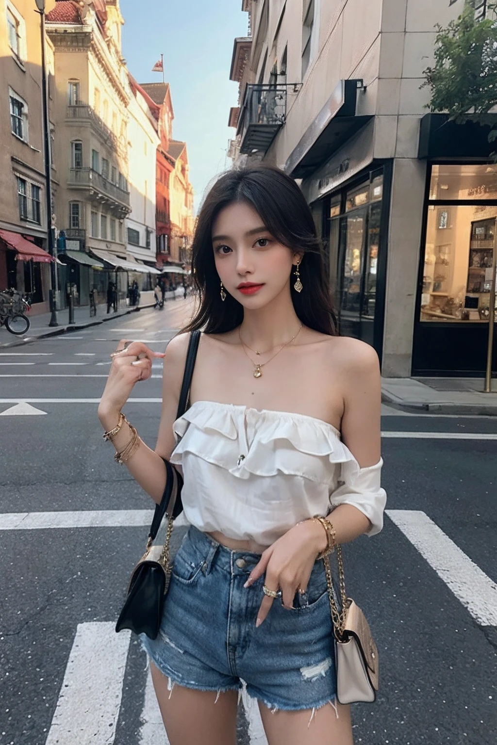 Beutiful women，street corner，Fashion shorts，Luxurious magic mirror，Stylish shoulder bag，Delicate bracelet，Gorgeous earrings，Enchanting necklace