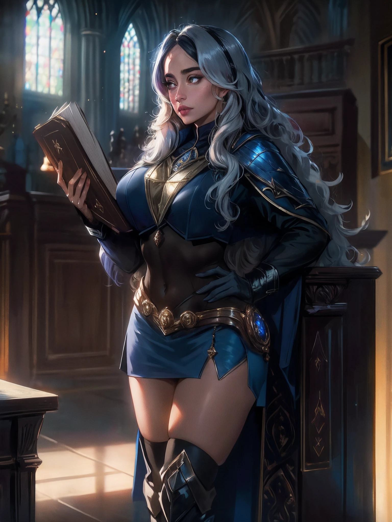 Ariana Grande, wavy hair, detailed alluring eyes, sexy legs, wearing blue mantle, mini skirt, gaiters, holding books, seductive, shapely, Hogwarts, best quality masterpiece, photorealistic, detailed, 8k, HDR, shallow depth of field, broad light, high contrast, backlighting, bloom, light sparkles, chromatic aberration, sharp focus, RAW color photo