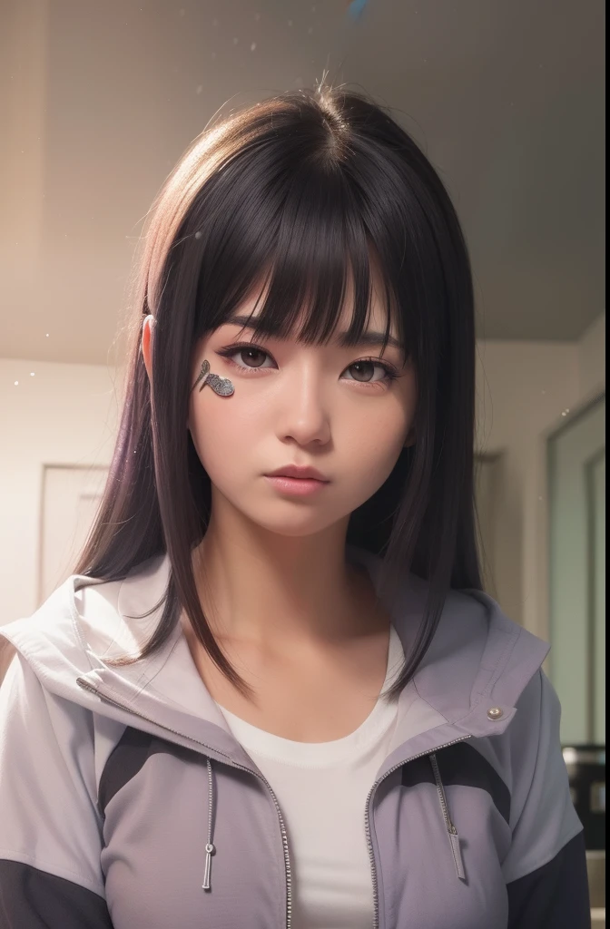 Hyuga hinata A woman was in a room. He was seen wearing a silver shirt and a light-purple jacket. Even in a jacket. But her breasts look so big. She has long, straight hair untangled not tied. He also had a white as snow. With white eyes. And her rosy cheeks. And pink lips. He was looking into the camera. So pretty and realistic