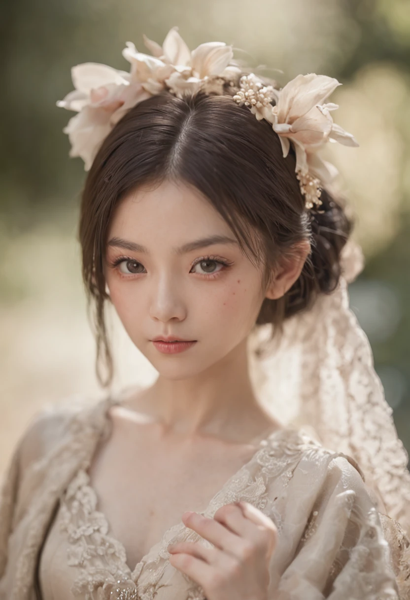 lizzy, silver, cleavage, hijabi, Absurd, ultra-detailed, high quality, masterpiece, detailed face, beautiful eyes(detailed eyes), javanese, gentle and graceful, face exudes warmth and kindness, eyes described as soft and comforting, gentle and steady gaze, overall appearance is simple and modest, The fabric of her garments is usually depicted as soft and earth-toned, beauty lies not in extravagant adornments, Her smile is serene and welcoming