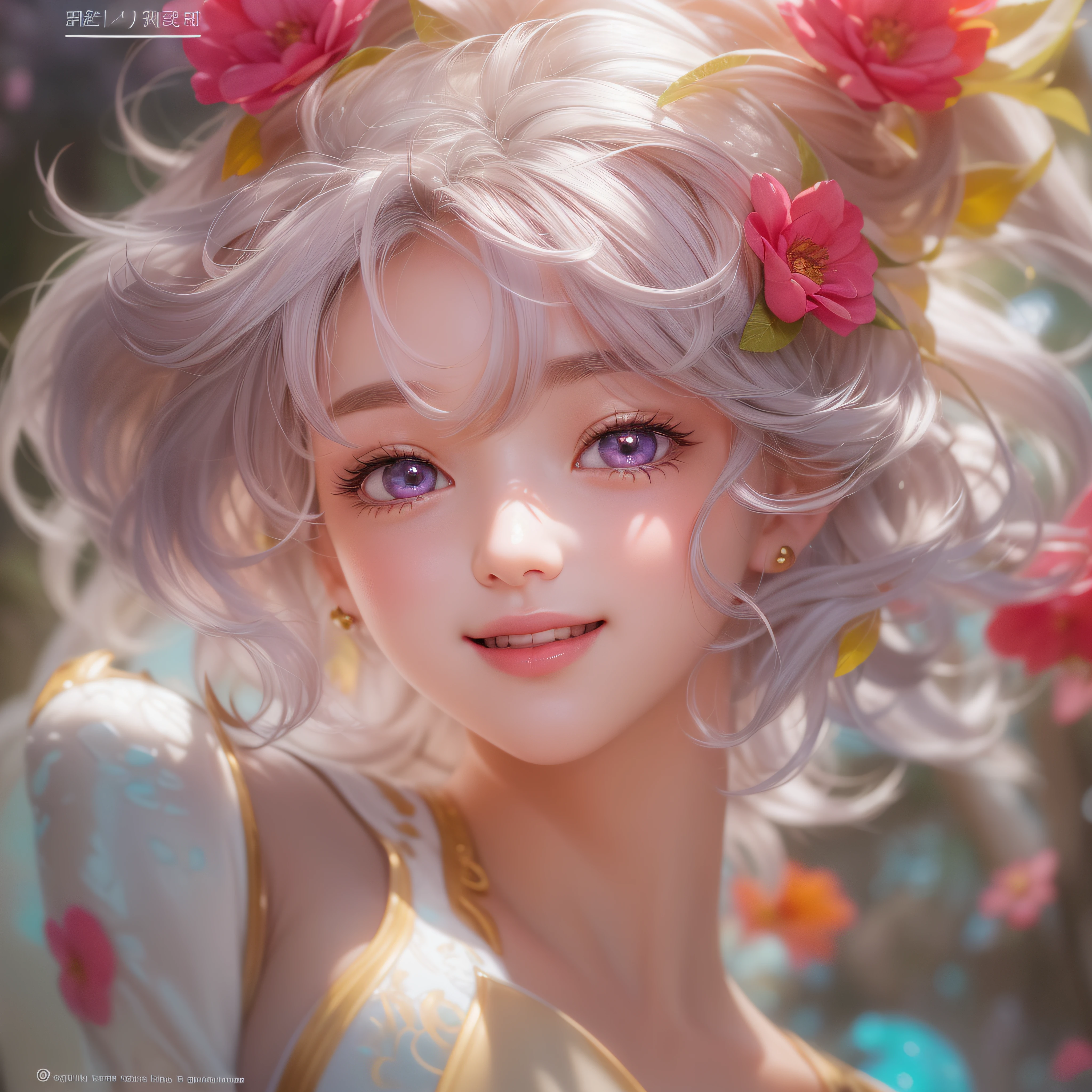 Close up of smiling face looking up、Close up of smiling face looking up、Close up of smiling face looking up、Facing the front、(masterpiece、realisitic、hight resolution)、(1 girl in):1.2)、Do-Up Eye、Korean Girl、(Best Quality), (masutepiece), (1girl in), Solo, Beautiful Girl, Perfect face, Big Breast,dreamlikeart、Highly detailed airbrush art(((Surreal))、intricate detailes、Volumetric lighting、(masterpiece:1.2)、(top-quality)、The ultra-detailliert、(The composition of the movement:1.4)、Highly detailed colorful details、(Bright lighting、Atmospheric lighting)、Magical、dynamic compositions、Ray traching、The mirror reflects light、Shallow depth of field、ultra-detailliert、mixing exposure、nffsw、Super masterpiece、Her eyes are glowing red、Silvery hair、Her face is full of anticipation and courage for adventure.、A smile comes to her lips、An air full of smiles and adventurous spirit、At the rear、The sun is slowly tilting to the west。Its light brings golden light、The swaying flower garden creates a beautiful scenery..。Her courage and determination are condensed.、Eye-catching presence。Her eyes are shiny。Red、pink there、