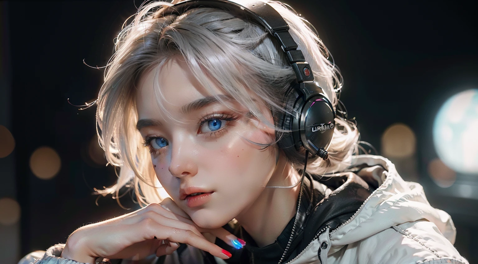 (Masterpiece, fine detailed beautiful eyes: 1.2), (On the moon, space, looking back into earth), White hair, Black tank top, voluminetric lighting, White jacket, glowing headphones, Cyberpunk, Futuristic, multi colored eyes, Detailed eyes, ultra - detailed,Light smile, Highly detailed, Beautiful, small detailed, Ultra detailed, Best quality, Intricate, hyper photorealism, Sharp, Digital illustration, Detailed, Realism, Intricate, 4K, 8K, trending on artstationh, Good anatomy, Beautiful lighting, Award-winning, Photorealistic, Realistic shadows, Realistic lighting, Beautiful lighting, Ray traching, Intricate details, Moody, Rule of thirds, Masterpiece, (illustration:1.1), A high resolution, (Extremely detailed CG, Unity, 8K wallpaper:1.1), Beautiful face, Highly detailed face, Ultra photo realsisim, Masterpiece, Bokeh, Extremely detailed, Intricate, zoomout, Colorful, Vibrant colors, Red nail polish, Side view,