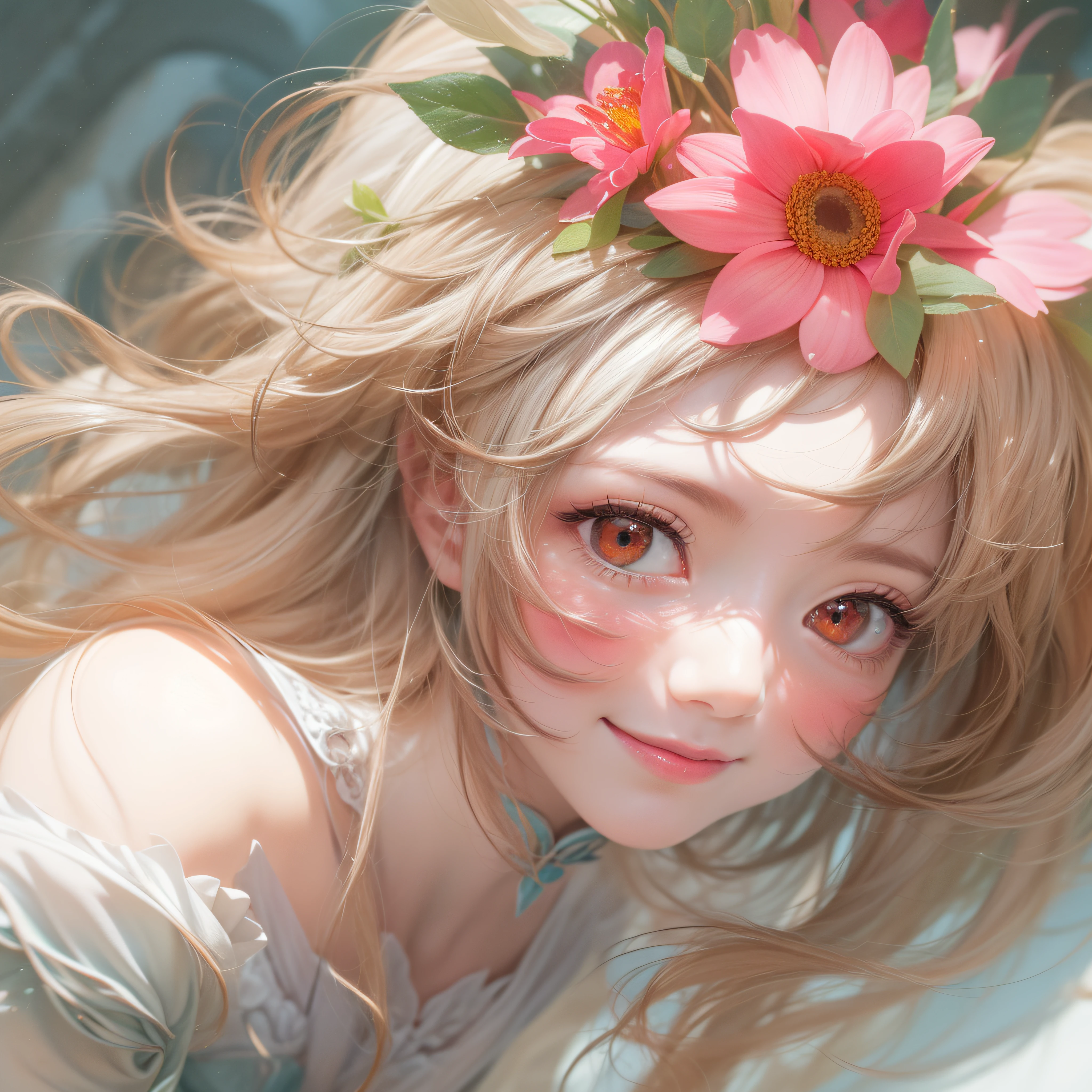 Close up of smiling face looking up、Close up of smiling face looking up、Close up of smiling face looking up、Facing the front、(​masterpiece、realisitic、hight resolution)、(1 girl in):1.2)、Do-Up Eye、Korean Girl、(Best Quality), (masutepiece), (1girl in), Solo, Beautiful Girl, Perfect face, Big Breast,dreamlikeart、Highly detailed airbrush art(((Surreal))、intricate detailes、Volumetric lighting、(​masterpiece:1.2)、(top-quality)、The ultra-detailliert、(The composition of the movement:1.4)、Highly detailed colorful details、(Bright lighting、Atmospheric lighting)、Magical、dynamic compositions、Ray traching、The mirror reflects light、Shallow depth of field、ultra-detailliert、mixing  exposure、nffsw、Super masterpiece、Her eyes are glowing red、Silvery hair、Her face is full of anticipation and courage for adventure.、A smile comes to her lips、An air full of smiles and adventurous spirit、At the rear、The sun is slowly tilting to the west。Its light brings golden light、The swaying flower garden creates a beautiful scenery..。Her courage and determination are condensed.、Eye-catching presence。Her eyes are shiny。Red、pink there、