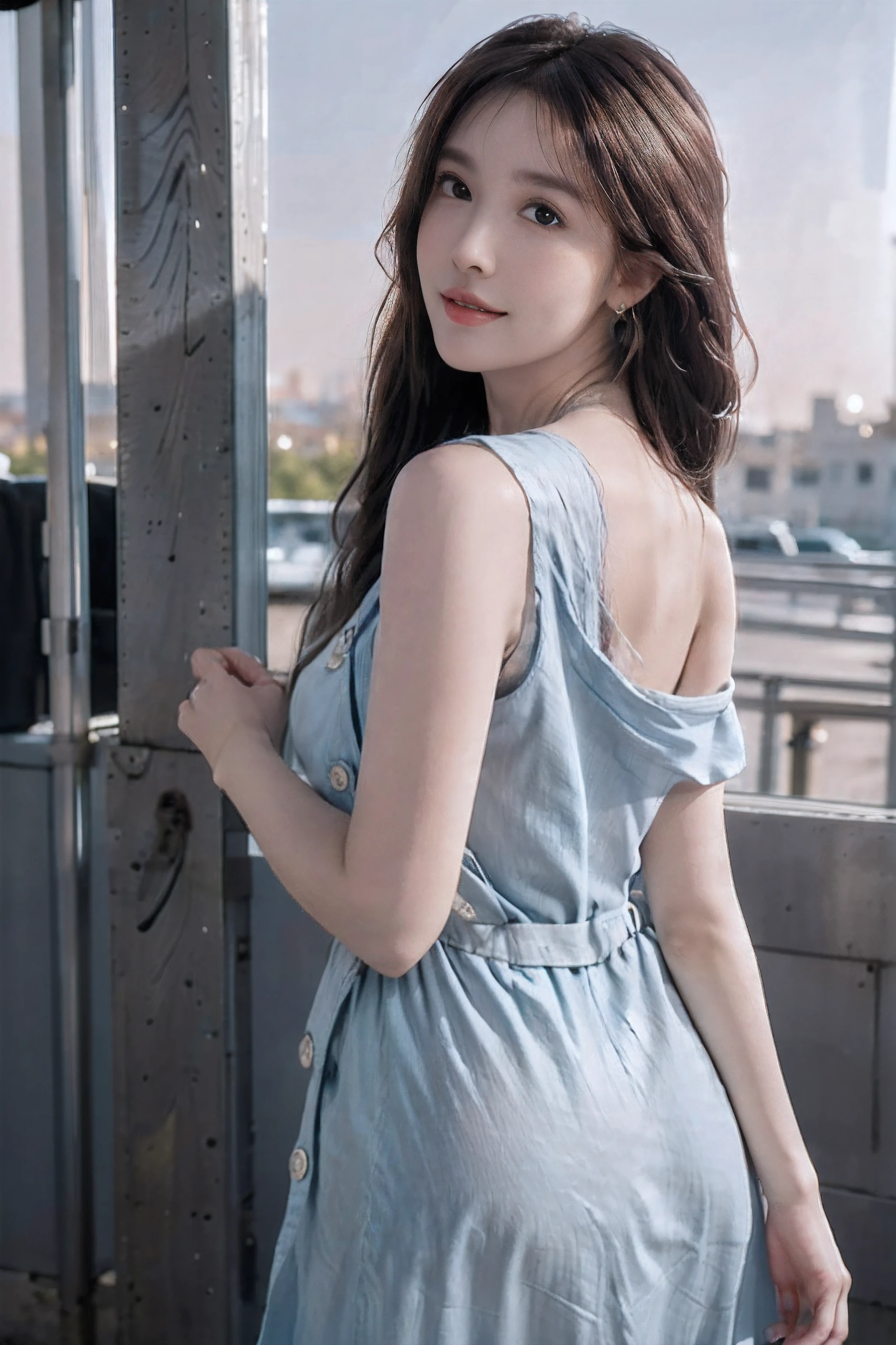 (Masterpiece:1.3), high resolution, Ultra detailed, Extremely detailed Cg Unity 8K wallpaper, Realistic, photo-realistic, RAW photo, Beautiful detailed face, Pale skin, realistic glittering skin, Detailed cloth texture, Detailed hair texture, Perfect style, Beautiful face, Accurate, Anatomically correct, Highly detailed face and skin texture, Natural neck length,
break
Detailed eyes, symetrical eyes, Brown eyes, Double eyelids, Thin eyebrows, (Sexy lips:1.3),
Break,
((innocent and Cute girl:1.3)), ((Wears sleeveless light blue button shirt dress :1.4)), (Beautifulcollarbone), (Cross-strap shoes), Shiny small (necklace, Bracelet), ((large hoop earrings:1.2)), (Ring band:1.2), (A homeless bag on the shoulder:1.3), Layered Hair Style, dark brown hair, Wavy hair, Medium long hair, (A smile of shame:1.1), (Moist eyes, Shiny eyes), (Medium large breasts, firm breast, Beautifully shaped breasts:1.1),
Break,
((Stand in front of the Japanese bus:1.2)), ((looking back over shoulder at viewer:1.3)),
Break,
((upperbody shots:1.2)), (Face focus:1.2), (From behind:1.1), (Beautiful sunset sparkling background:1.4)