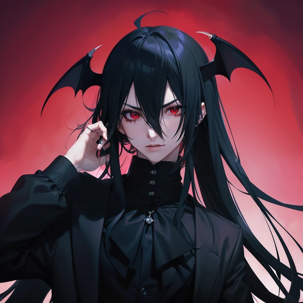 Create an image of a dark and brooding fallen angel with a hauntingly beautiful yet ominous presence. He stands partially submerged in a swirling pool of dark liquid, with large, shadowy black wings extending from his back. His skin is pale, contrasting with his long, flowing black hair that blends into the dark surroundings. His eyes glow with a piercing golden light, the only vibrant color in the scene, drawing attention to his intense gaze. Black, twisted horns curl from his head, adding to his menacing appearance. The atmosphere around him is heavy with despair, with black feathers and drops of inky liquid dripping from his wings and body. The background is a bleak, monochromatic landscape with jagged mountains and swirling clouds, but the glowing eyes and the subtle red glow emanating from his chest provide a striking contrast, creating a powerful and dramatic image.