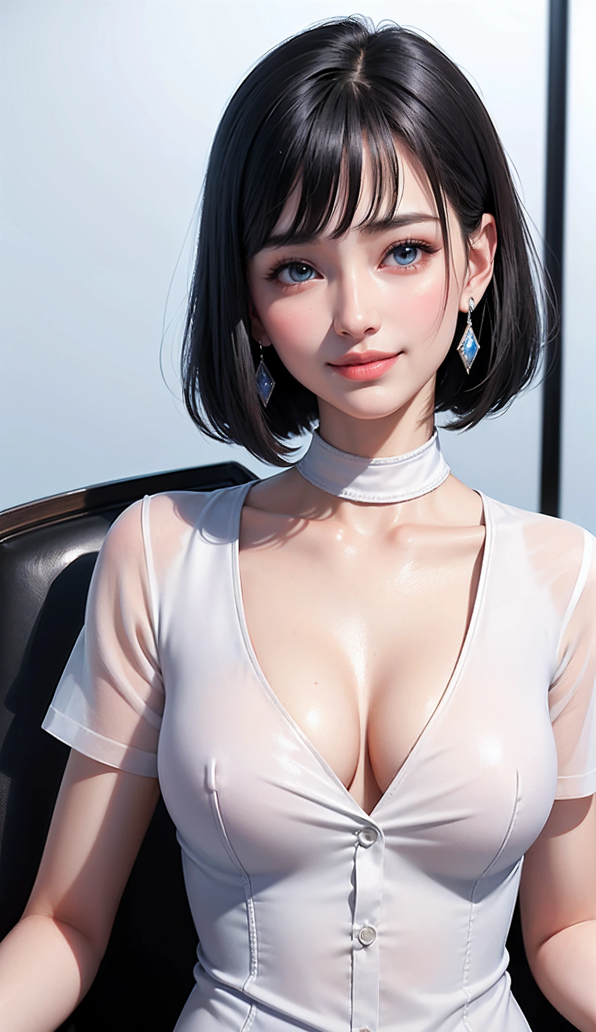 (high-level image quality、high-detail、hightquality、hight resolution、Draw everything in high resolution)、Intense crystal light blue eyes、Small diamond-shaped earrings、Gaze firmly into the camera、Put your ears out、Smiling very happily、Very beautiful teeth、Very beautiful tooth alignment、Beautiful very short black hair、Beautiful very short beautiful hair with bangs、Straight Beauty Bangs、beautiful decollete、Beautiful and cute 28 years old、lipgloss、long neck、Happy smile、Beautiful teeth alignment、Beautie、Pretty Woman、Very white business shirt with open collar、Very white business shirt with open chest、lengthen the left and right ends of the bangs、Beautiful composition、tall supermodel、Supermodel with broad shoulders