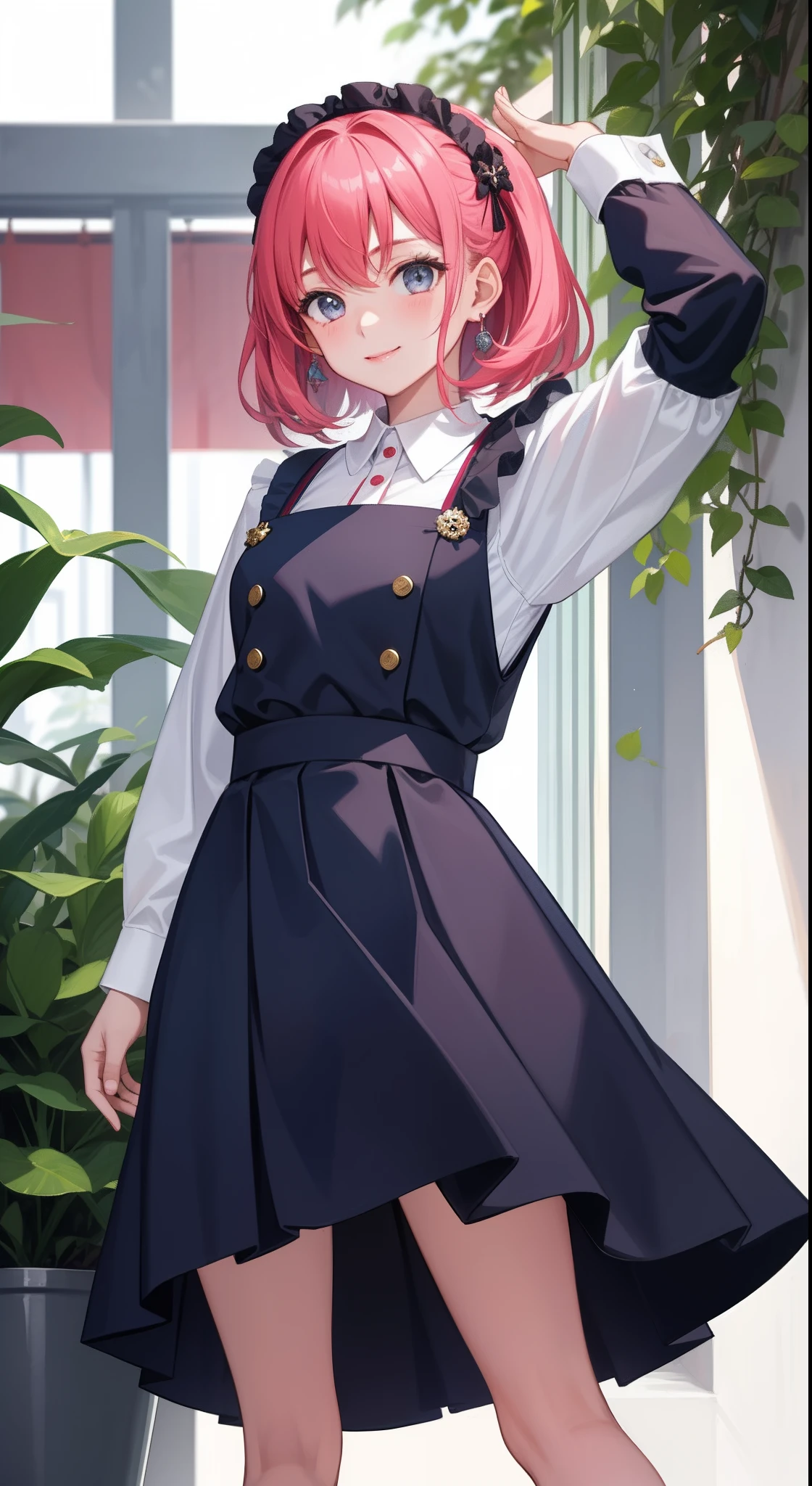 1girl in、AS-Adult、A smile、The shirt、skirt by the、pinafore、hair adornments、(Maids)、