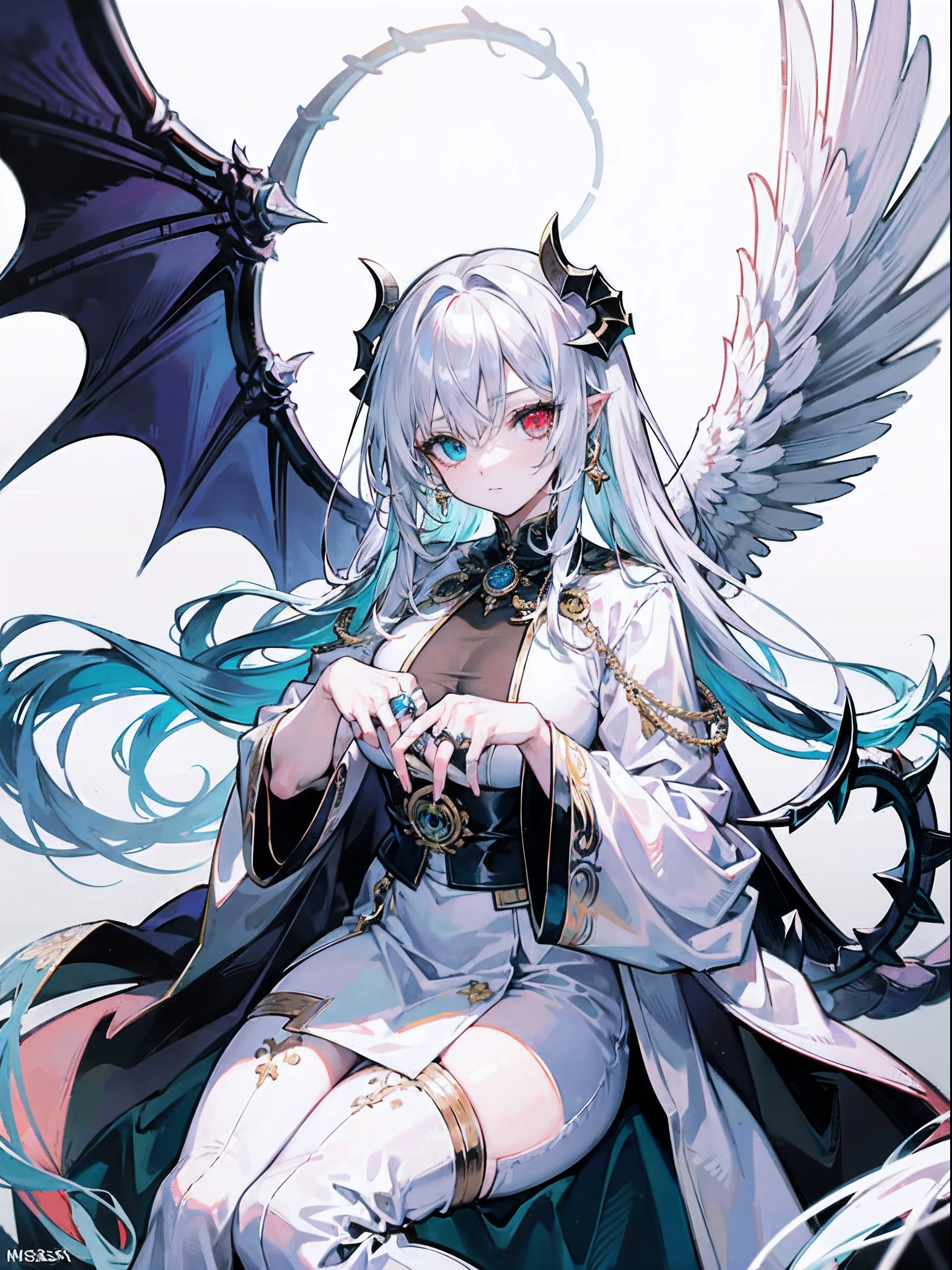 Monster angels that look sacred,His eyes are waiting for heterochromia,His whole body consists of a huge one-eyed eye,and a metal ring around one eye,The ring is crawling with the eyeball,The dragon has many wings on the white holy angel
