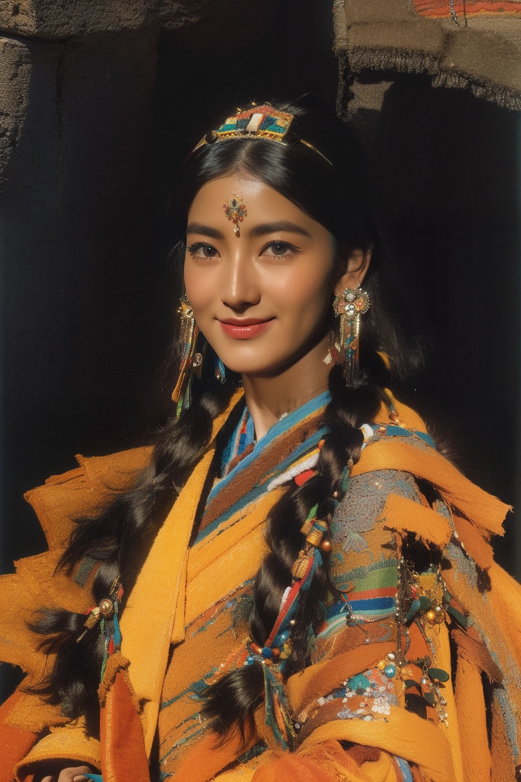 (Masterpiece).(((Brownish-black skin,Textured skin,Highland red face,Sunburn,suntanning,Sunburn))),snow mountains,Potala Palace,Beautiful Tibetan girl, Bright eyes,(((Costumes dressed in Tibetan art costumes, Traditional Tibetan robes,Tibetan robes,Tibetan hair accessories,Tibetan jewelry,turquesa,beeswax))),Ultra-detailed details,upscaled。Soft lighting,super detailing, High details, high qulity, Best quality, High-resolution 8K photos,Photographic style。