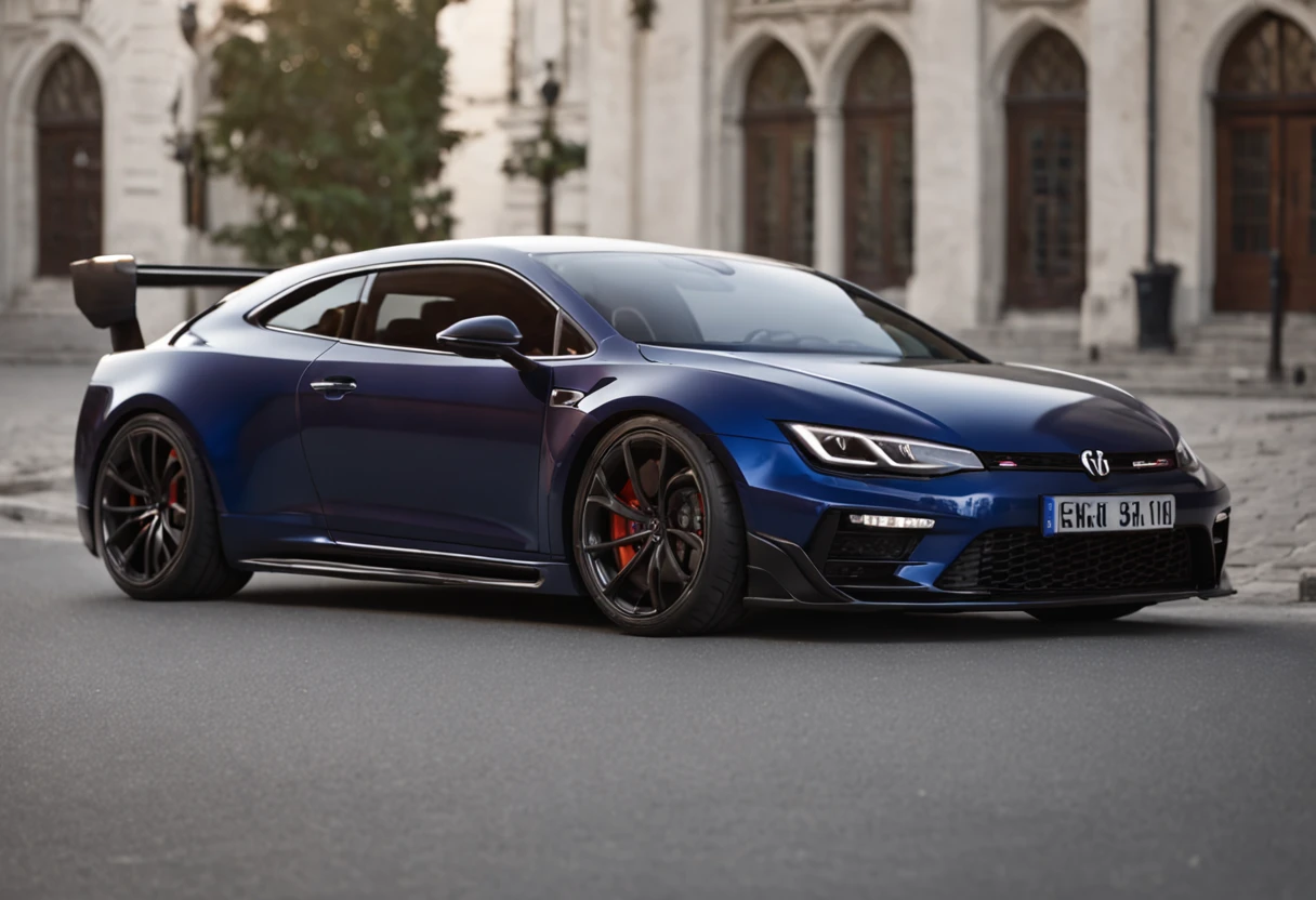 Golf R photoshoot, pictures of the back end, parked downtown Europe, at night,cinematic light,8k,professional photos,100mm F2