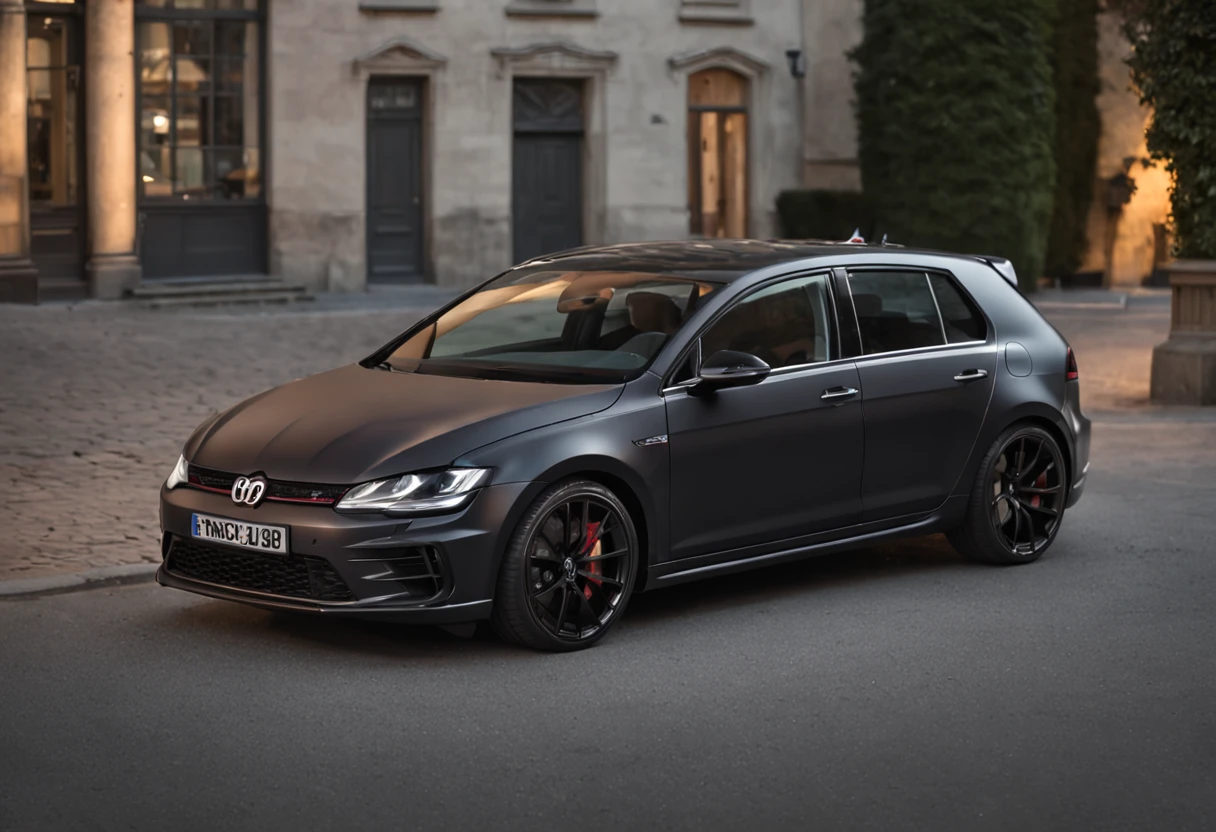 Golf R photoshoot, pictures of the back end, parked downtown Europe, at night,cinematic light,8k,professional photos,100mm F2