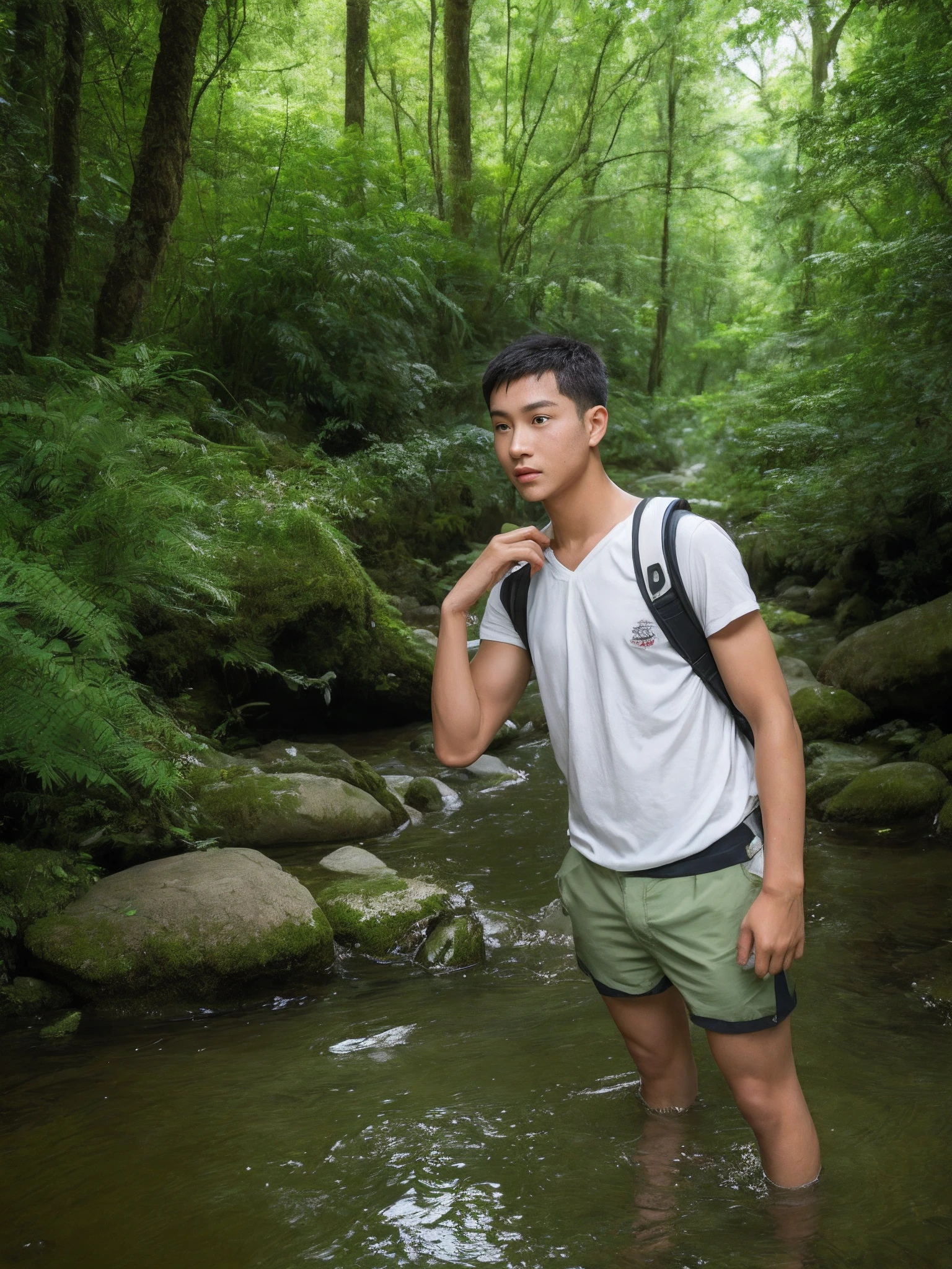 A young man,vigorous,Good-looking,Asian people,Skin whitening,There are muscles,musculature,backpacks,Medium shorts,Camouflage,In the creek,Take the branch,the woods,big trees,steins,flowingwater,In the water,moss,Delicate facial features,k hd,tmasterpiece,Works of masters,SLR photography