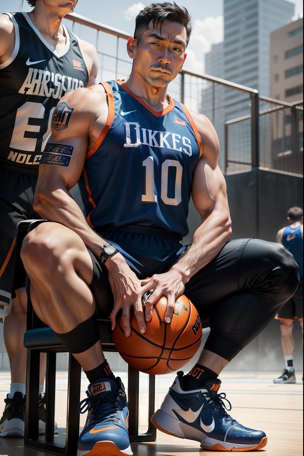 masterpiece, best quality, face, natural eyes, 1man, solo, big feet, white socks, full body, large bulge, long legs, looking at viewer, 30 years old player, muscled and mature, mature male, muscular, basketball player, basketball, indoor basketball playground, short haircut, blue eyes, topless, shirtless, open chest, eight-pack abs, sexy, standing, sweating