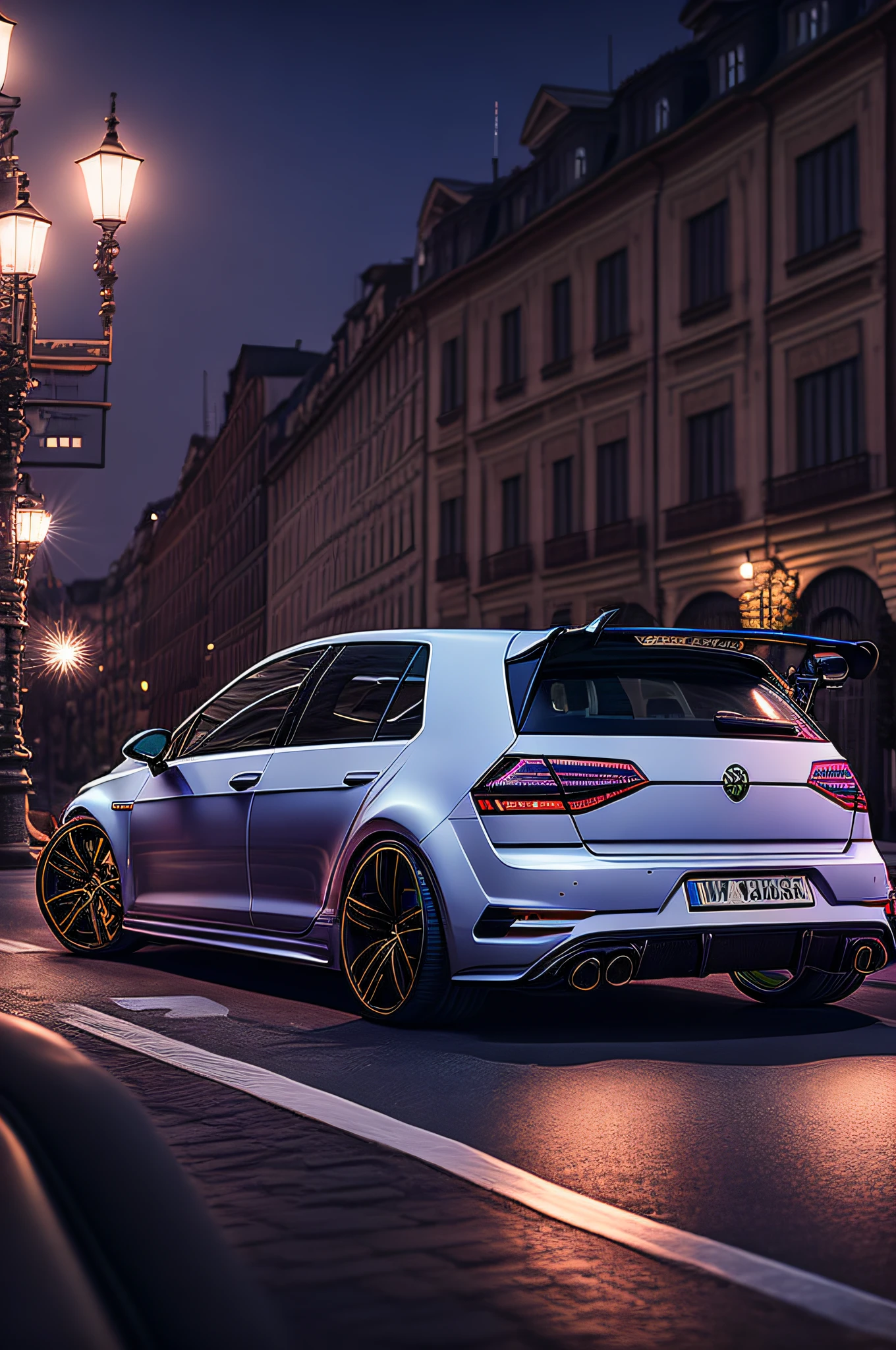 Golf R photoshoot, pictures of the back end, parked downtown Europe, at night,cinematic light,8k,professional photos,100mm F2, close up, detailed shots