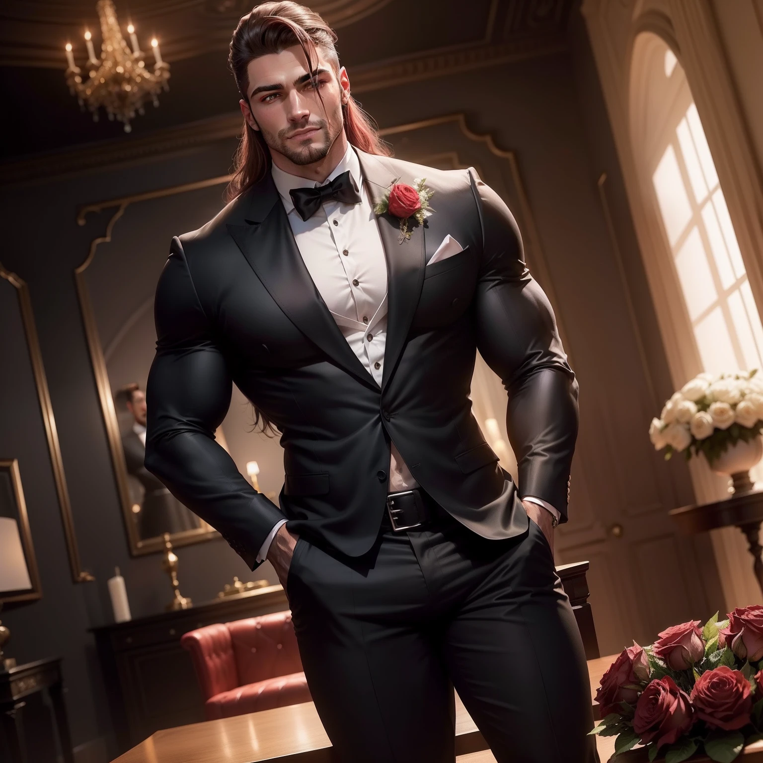 Homem gostoso com peitos grandes,egragostosa, com cabelo preto, extremely muscular,velas pretas acesas, vestido vermelho. Rosas vermelhas em torno, glass of champagne Black suit,sensual smile