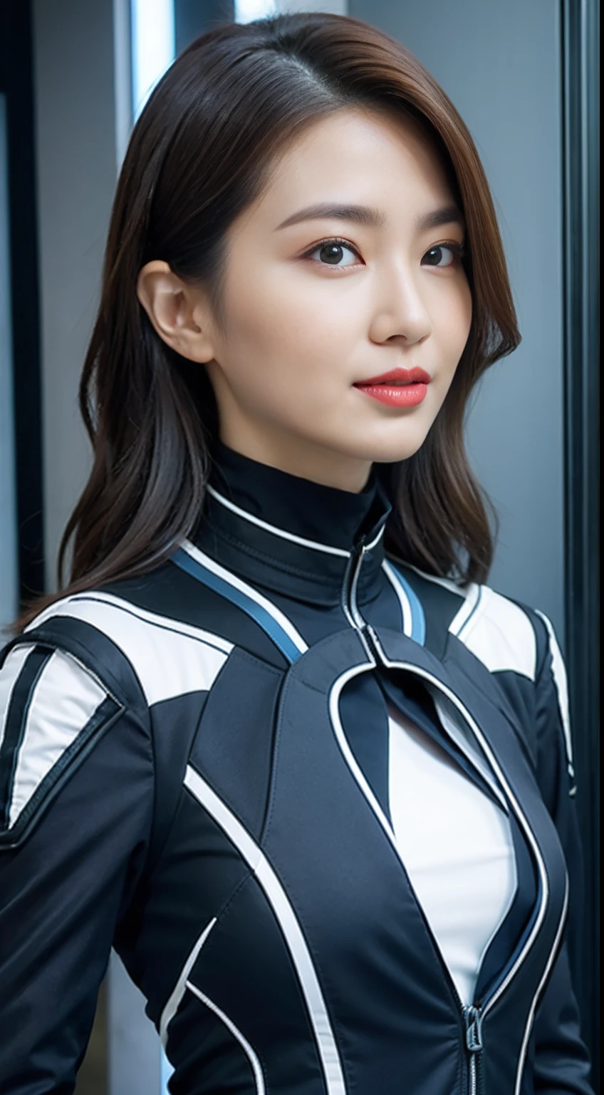 Woman in futuristic suit posing for photo