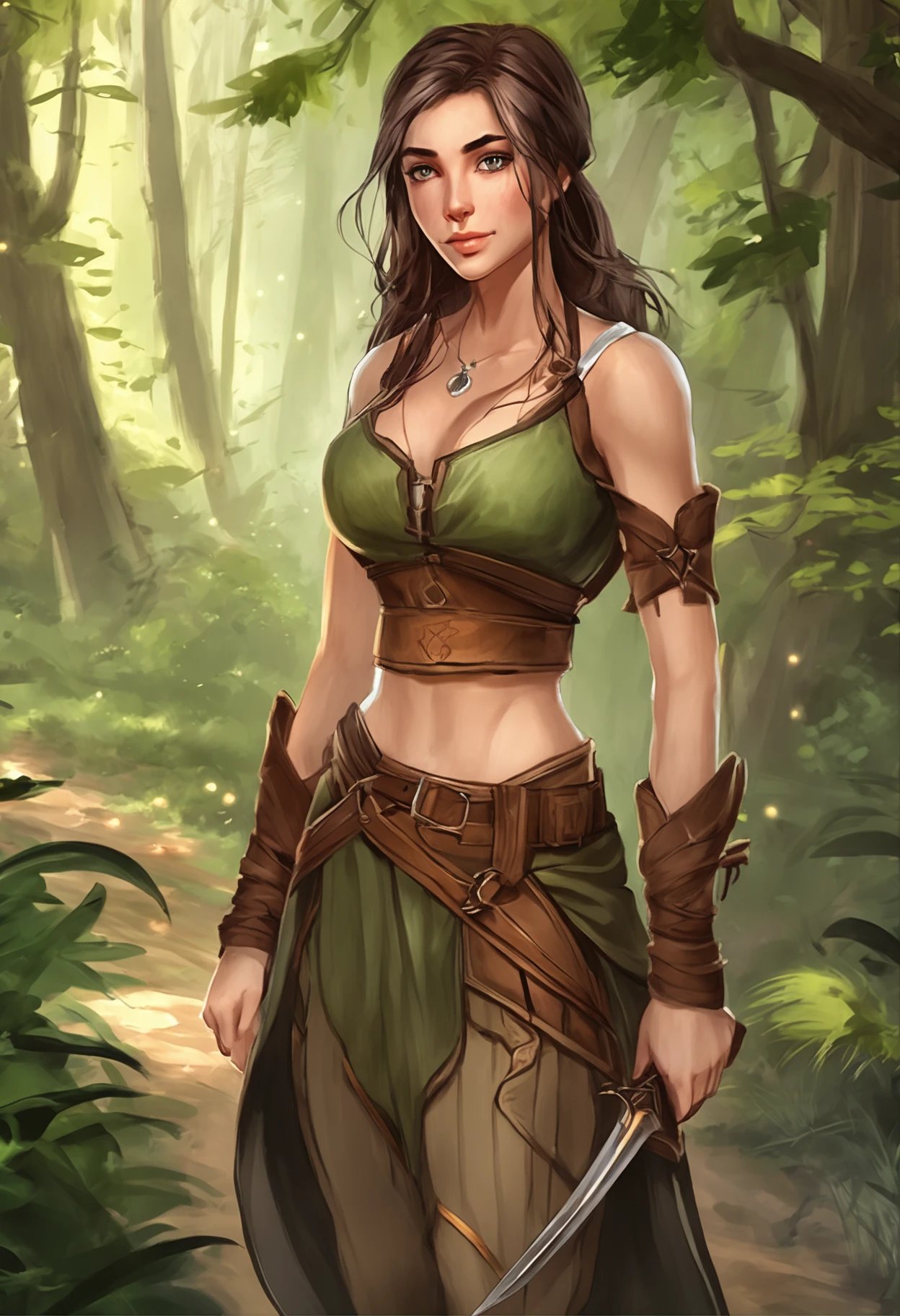 (masterpiece, top quality, best quality, official art, beautiful and aesthetic:1.2), (1girl:1.3), dark brown hair in a single braid, extremely detailed, portrait, looking at viewer, solo, (full body:0.6), detailed background, close up, cat eyes, (warm summer forest theme:1.1), ((elf)) ranger, charlatan, smirk, mysterious, walking in forest, revealing ranger attire, brown leather, cowl, cloak, corset, long boots, buckles, straps, pouches, bow and arrow, green fabric, brown leather, ((((gigantic breasts)), cleavage, skindentation)), slim waist, slim hips, long legs, medieval (forest exterior:1.1) background, dark mysterious lighting, shadows, magical atmosphere, dutch angle