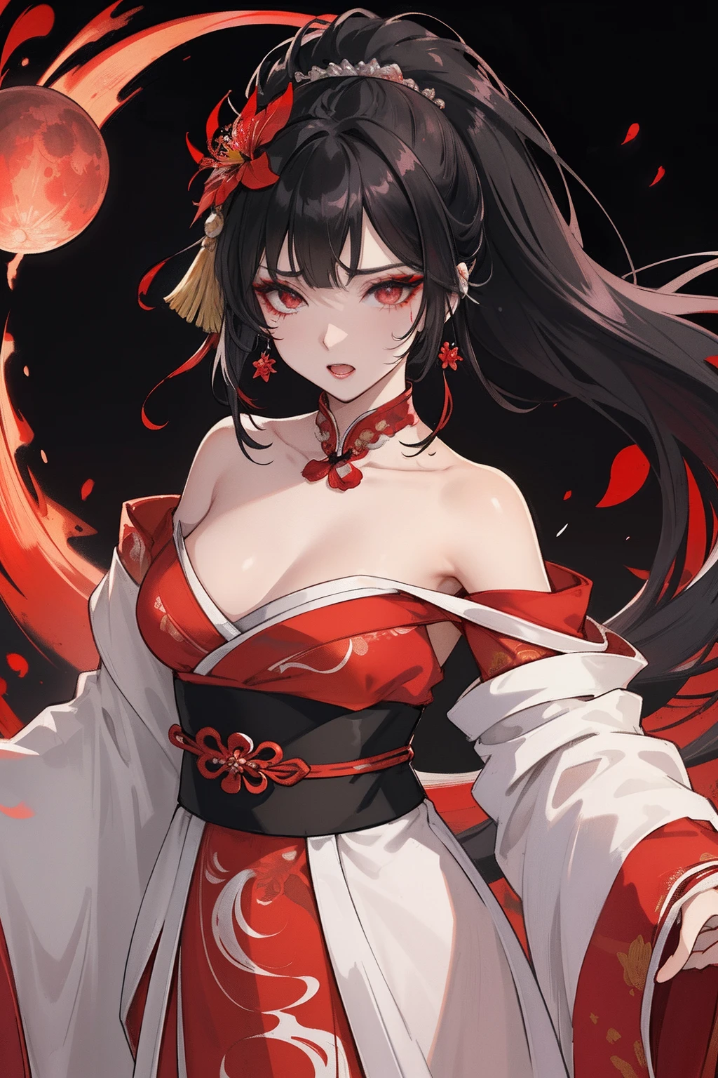 ((High Resolution)), (Open Mouth), (Bust), ((Top Quality)), ((Ultra Fine)) ((Ultra Fine CG)), ((8k_wallpaper)), Dynamic Angle, Floating, (Eyes with Beautiful Details), Very Delicate and Beautiful Girl, Upper Body, Ink Painting, (Chinese Style), Black Eyes, Burning, Detail Light. from_low, (black hair), (red spider lily: 1.33), aqua eye, (hair flower): 1.3), Bloom, single, starry sky, hair ornament, earrings, jewelry, messed up hair, bare shoulders, half-closed eyes, bloom, ((for men)), fairy, (Hanfu: 1.3), (medium breasts): 1.2), (eyeshadow, red eyeliner: 1.15), (eye shadow, red eyeliner: 1.15), (eye shadow, red eyeliner: 1.15), (eye visible through hair: 1.2), (solo)), red moon