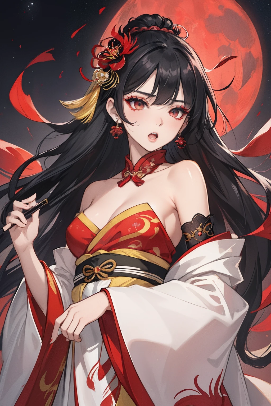 ((High Resolution)), (Open Mouth), (Bust), ((Top Quality)), ((Ultra Fine)) ((Ultra Fine CG)), ((8k_wallpaper)), Dynamic Angle, Floating, (Eyes with Beautiful Details), Very Delicate and Beautiful Girl, Upper Body, Ink Painting, (Chinese Style), Black Eyes, Burning, Detail Light. from_low, (black hair), (red spider lily: 1.33), aqua eye, (hair flower): 1.3), Bloom, single, starry sky, hair ornament, earrings, jewelry, messed up hair, bare shoulders, half-closed eyes, bloom, ((for men)), fairy, (Hanfu: 1.3), (medium breasts): 1.2), (eyeshadow, red eyeliner: 1.15), (eye shadow, red eyeliner: 1.15), (eye shadow, red eyeliner: 1.15), (eye visible through hair: 1.2), (solo)), red moon