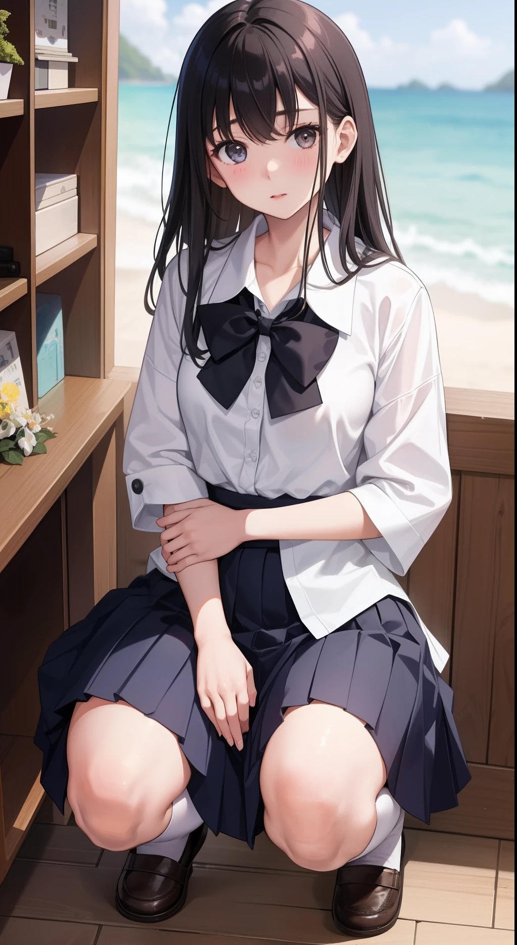 1 girl, smile, shirt, skirt, (small) chiralism, Japan high school school uniform, seravuk, summer clothes, squall-wet uniform, sheer bra, (portrait from knee up),