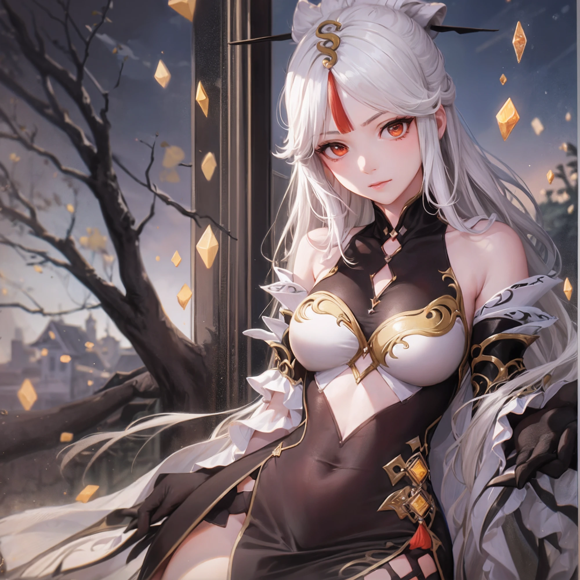 (​masterpiece),(best),(Highly detailed eyes)full body Esbian,symple background,Sitting,1 Devil Girl,long shiny hair,white  hair,Red Eyes、((demonic horns、Devil's Wings、Devil's Tail))、feathers hair ornament,White cloak,(see -through),Navel,Pale smile,a plant,florals,fullmoon,Detective theme,((Black legwear)),chains,Ruins, 1gir, In flowers,Black_bikini of,1 flower girl,Navel,