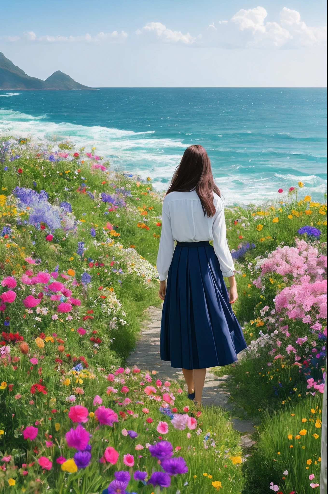 hyper-high detail,A person stands in a sea of flowers,His face was filled with joy,A gentle breeze blows through the sea of flowers,The skirt and long hair flutter in the wind