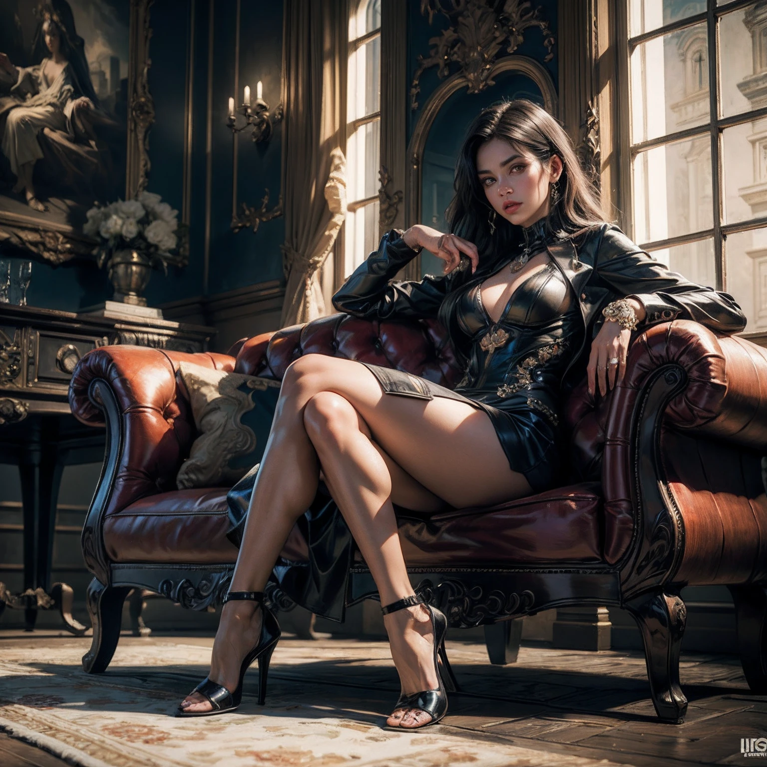 Full body portrait of stunning beautiful woman poseidon, long hair, temples and classic castle room background, minimal clothing, perfect facial details, detailed symmetrical brown eyes with circular irises, realistic, stunning photo realistic, 3d render, octane render, intricate detail, cinematic, trending art station, Isometric, Middle hyperrealistic cover photo, awesome full color, hand drawn, dark, gritty, mucha, klimt, erte 12k, high definition, cinematic, neoprene, behance contest winner, portrait shown on unsplash, art stylish digital, smooth, ultra high definition, 8k, unreal engine 5, razor sharp focus, intricate artwork, ominous, epic, trending on art station, by artgerm, h. R. giger and beksinski, very detailed, vibrant, 8k, sitting on sofa and crossing legs, wearing heels.