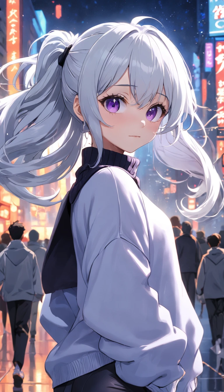 masterpiece, best quality, movie still, 1girl, Girl, Silver White Hair, Two high ponytails Energetic, Light Blue Oversized turtleneck Sweater, Black Pants, City Background, happy, purple eyes